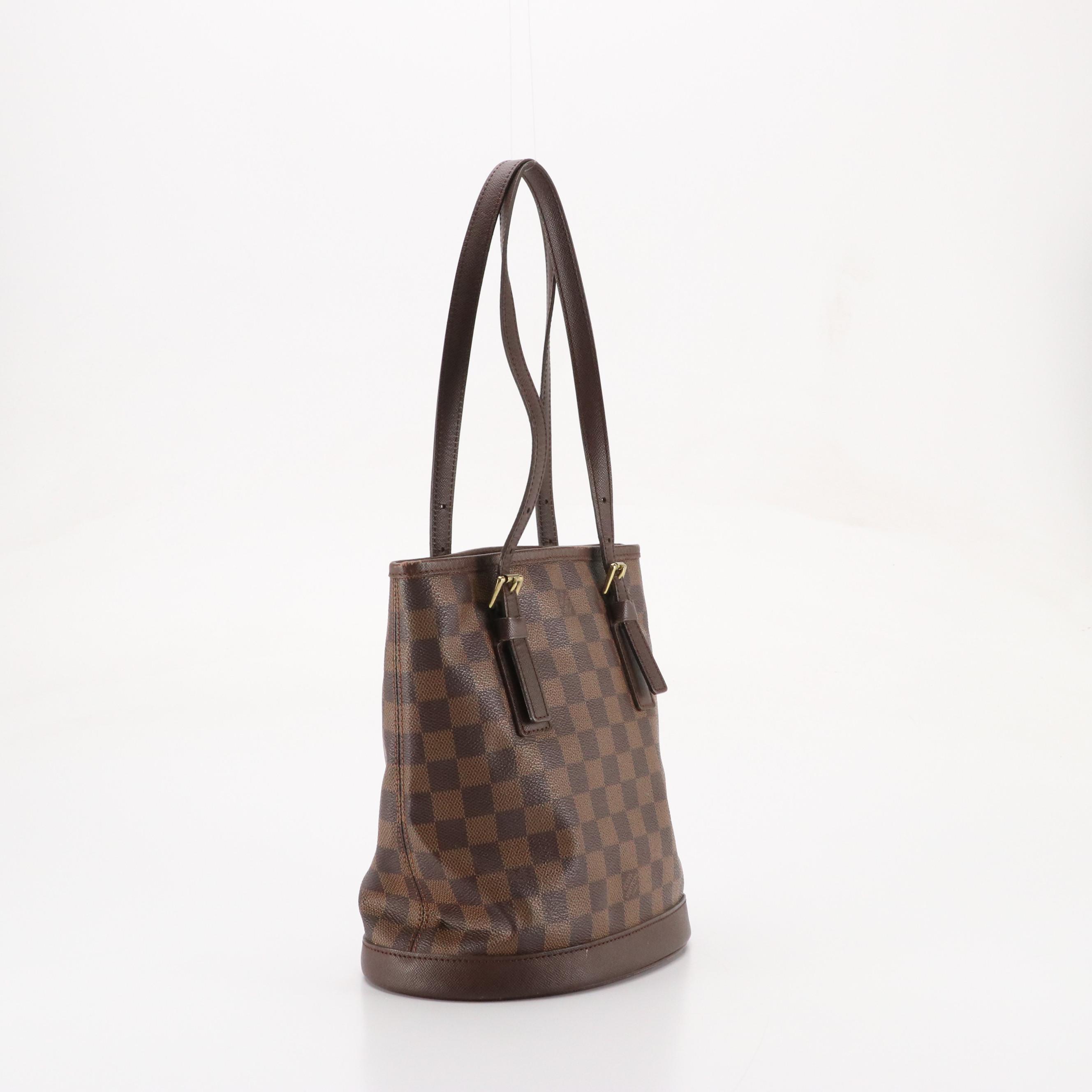Louis Vuitton Marais Bucket Bag in Damier Ebene Canvas and Brown Leather