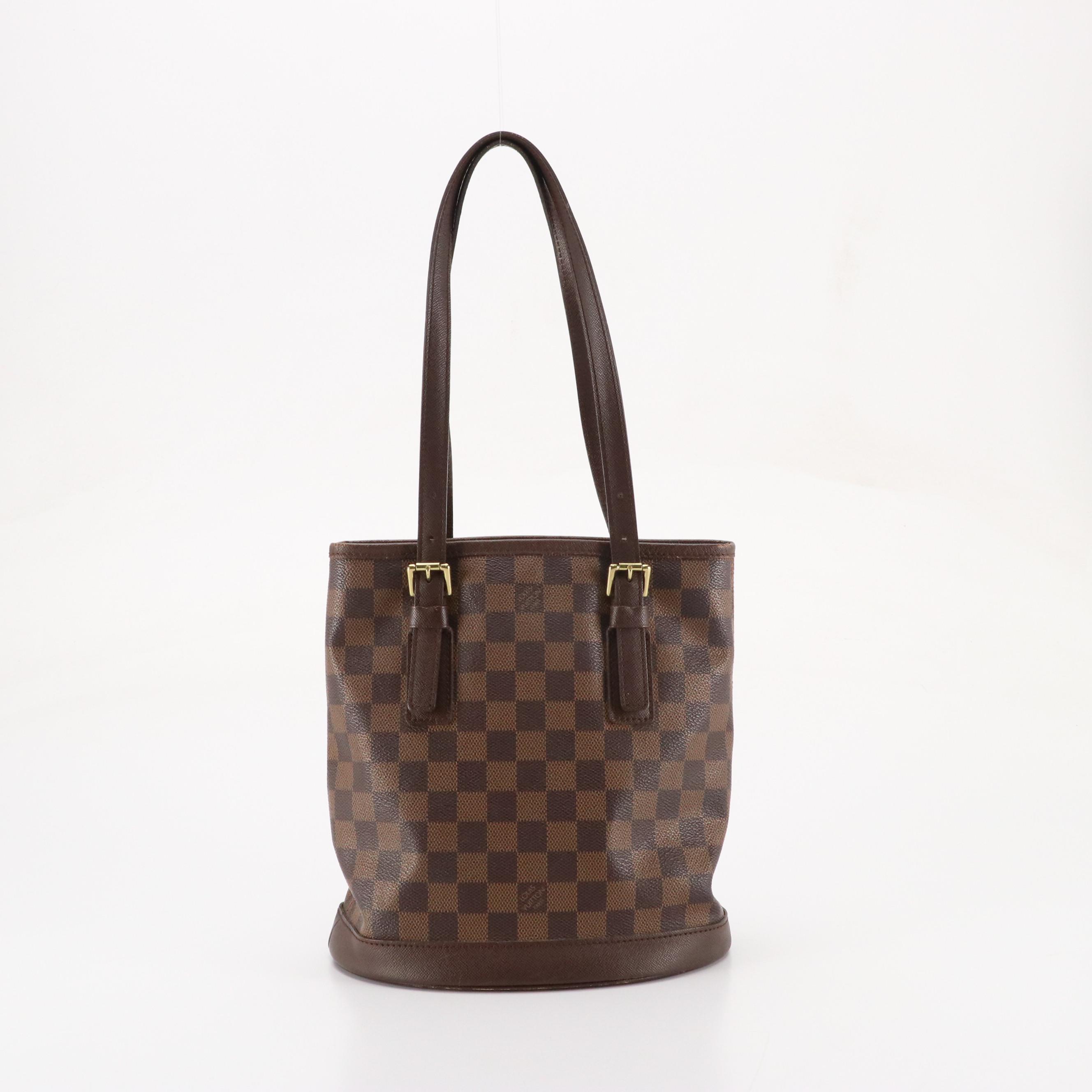 Louis Vuitton Marais Bucket Bag in Damier Ebene Canvas and Brown Leather