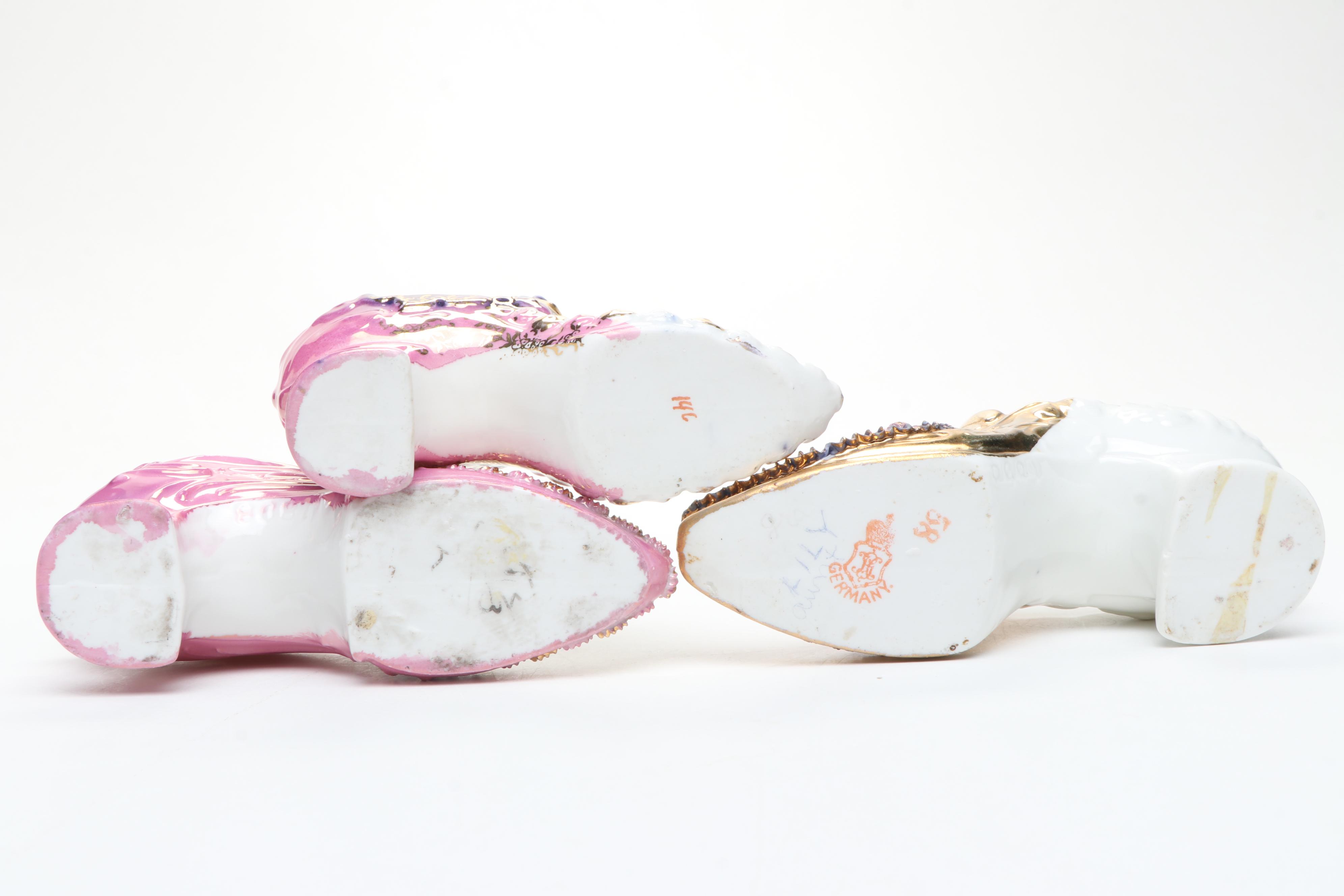 German Porcelain Pink and White Shoes and Basket Vase