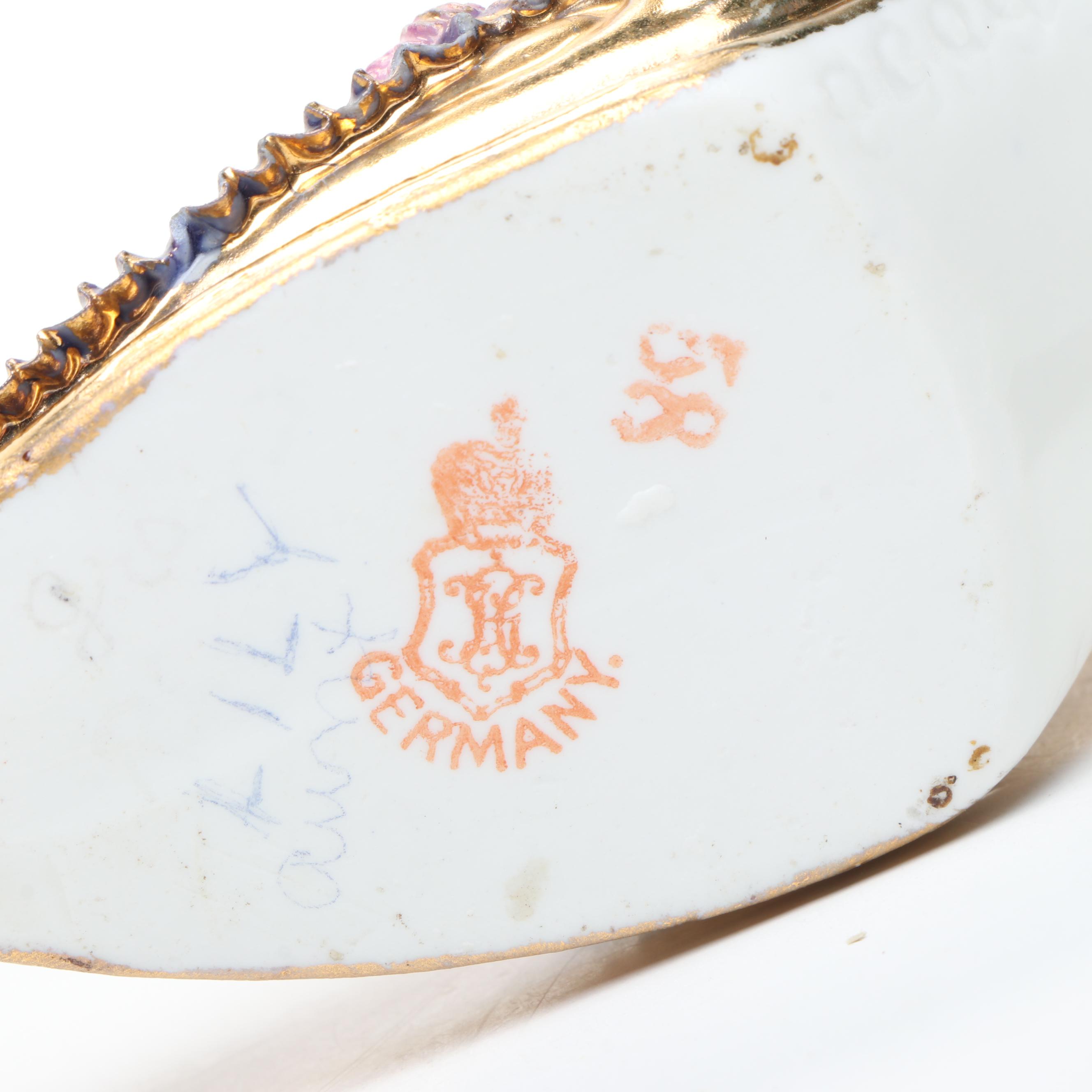 German Porcelain Pink and White Shoes and Basket Vase