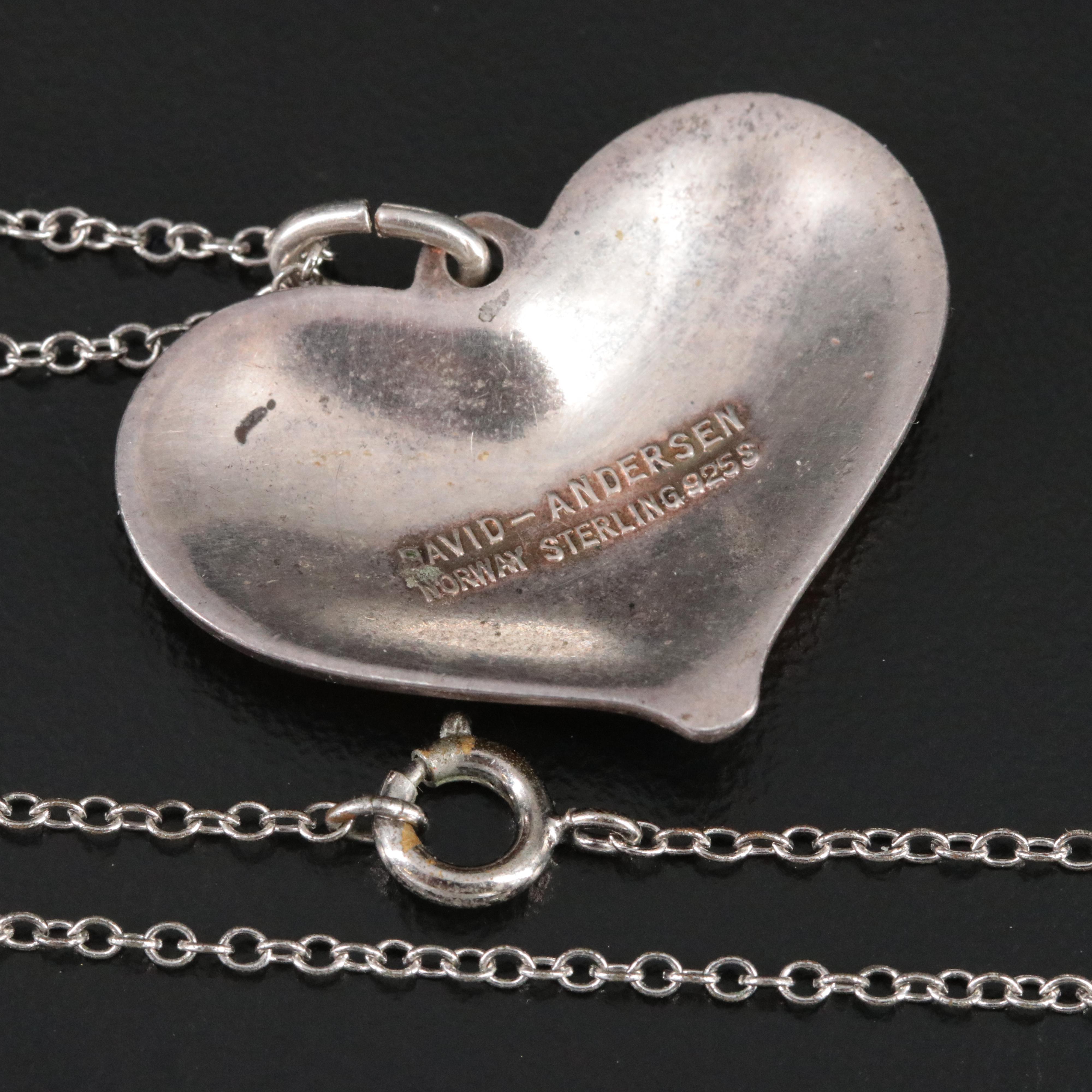 David Andersen Sterling Enamel Heart Pendant on Cable Chain Necklace