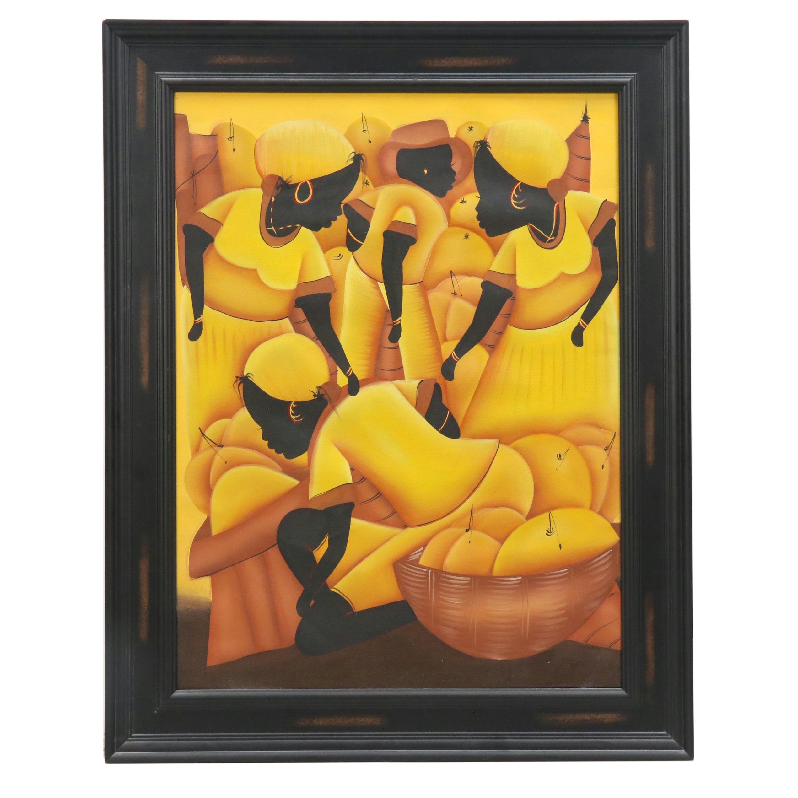 Haitian Acrylic Painting of Market Scene