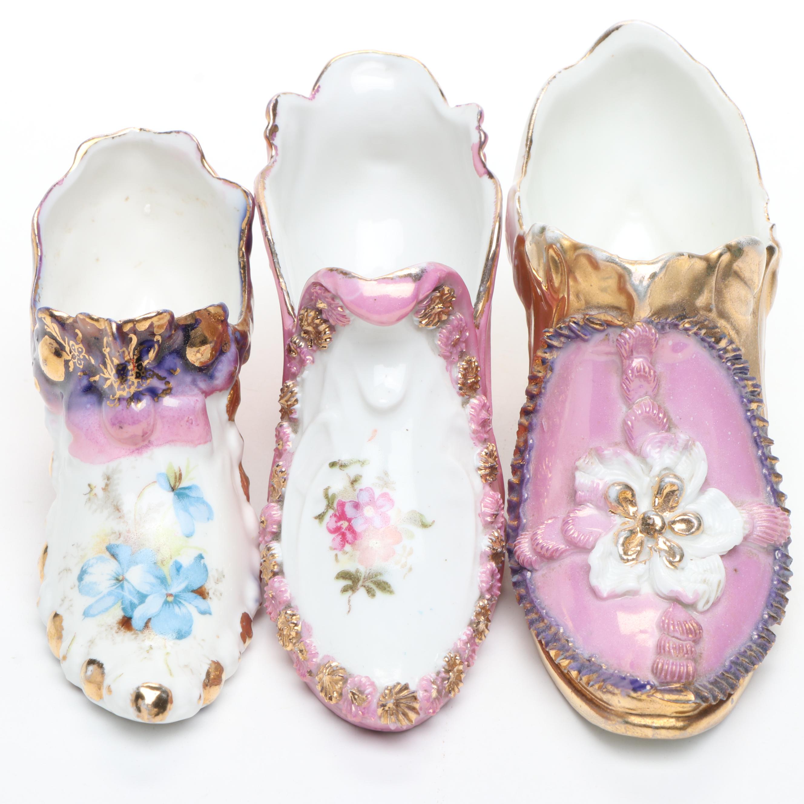 German Porcelain Pink and White Shoes and Basket Vase