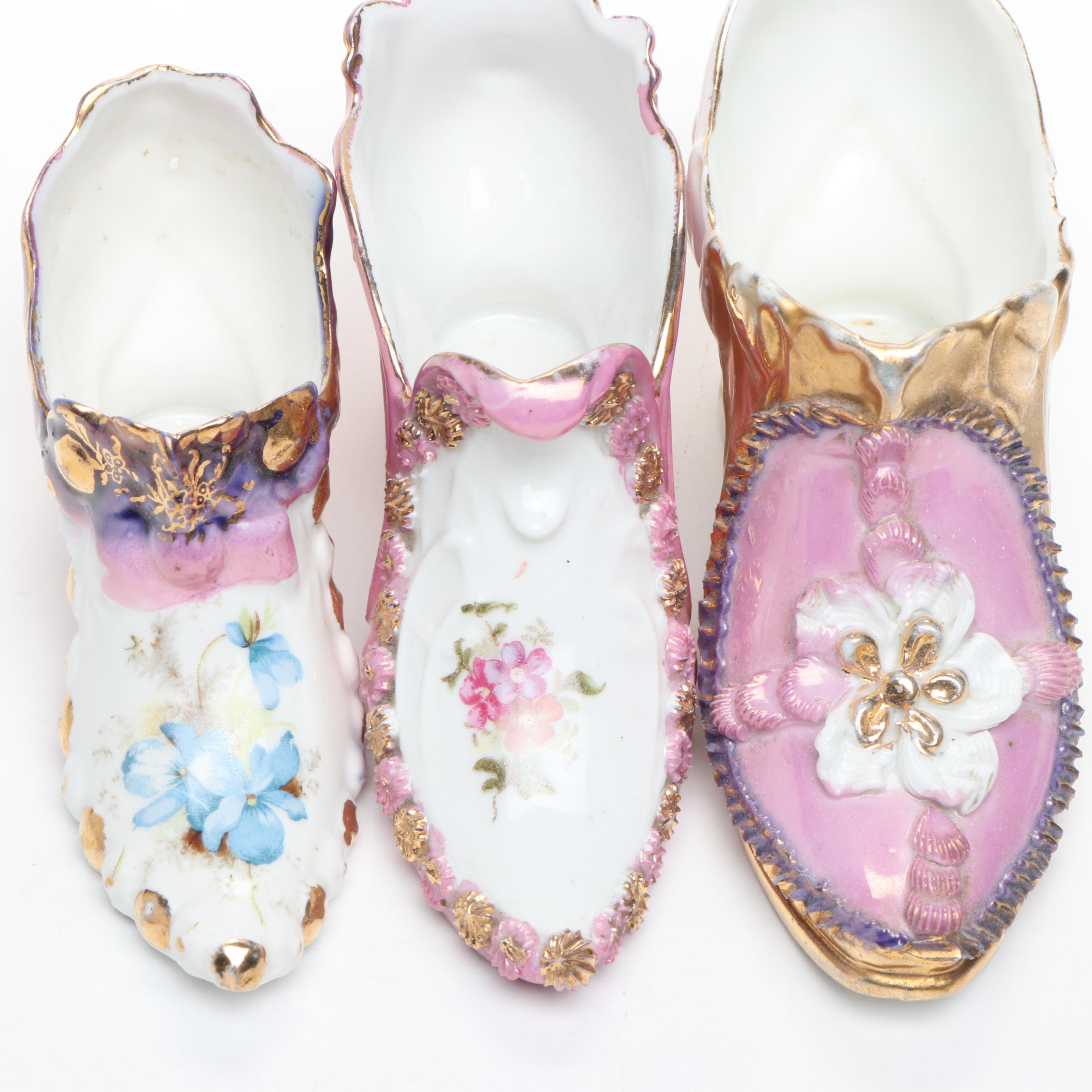 German Porcelain Pink and White Shoes and Basket Vase