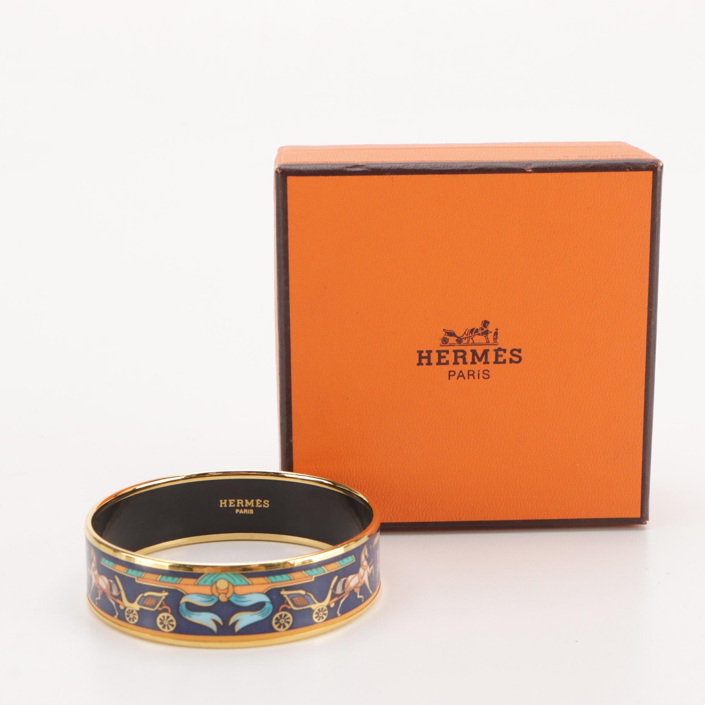 Hermès Horse and Carriage Equestrian Enamel Bangle Bracelet in Box