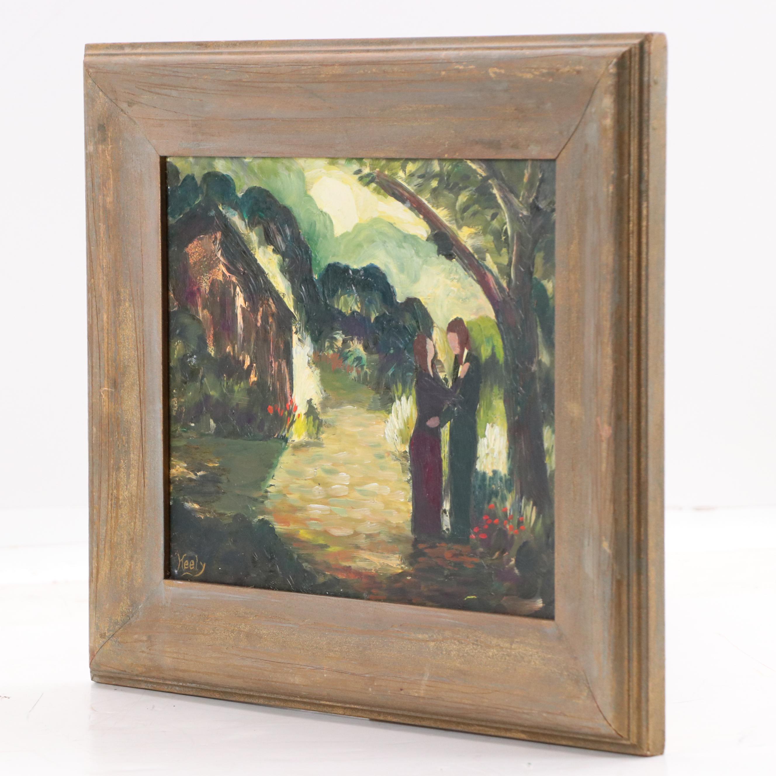 Keely Oil Painting of Figural Forest Scene, Mid-20th Century
