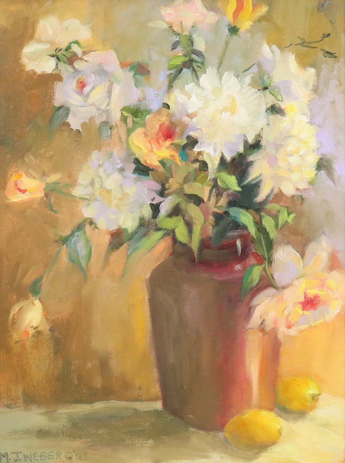 Mary Jane Weber Floral Still Life Oil Painting "Peonies + Roses," 2003