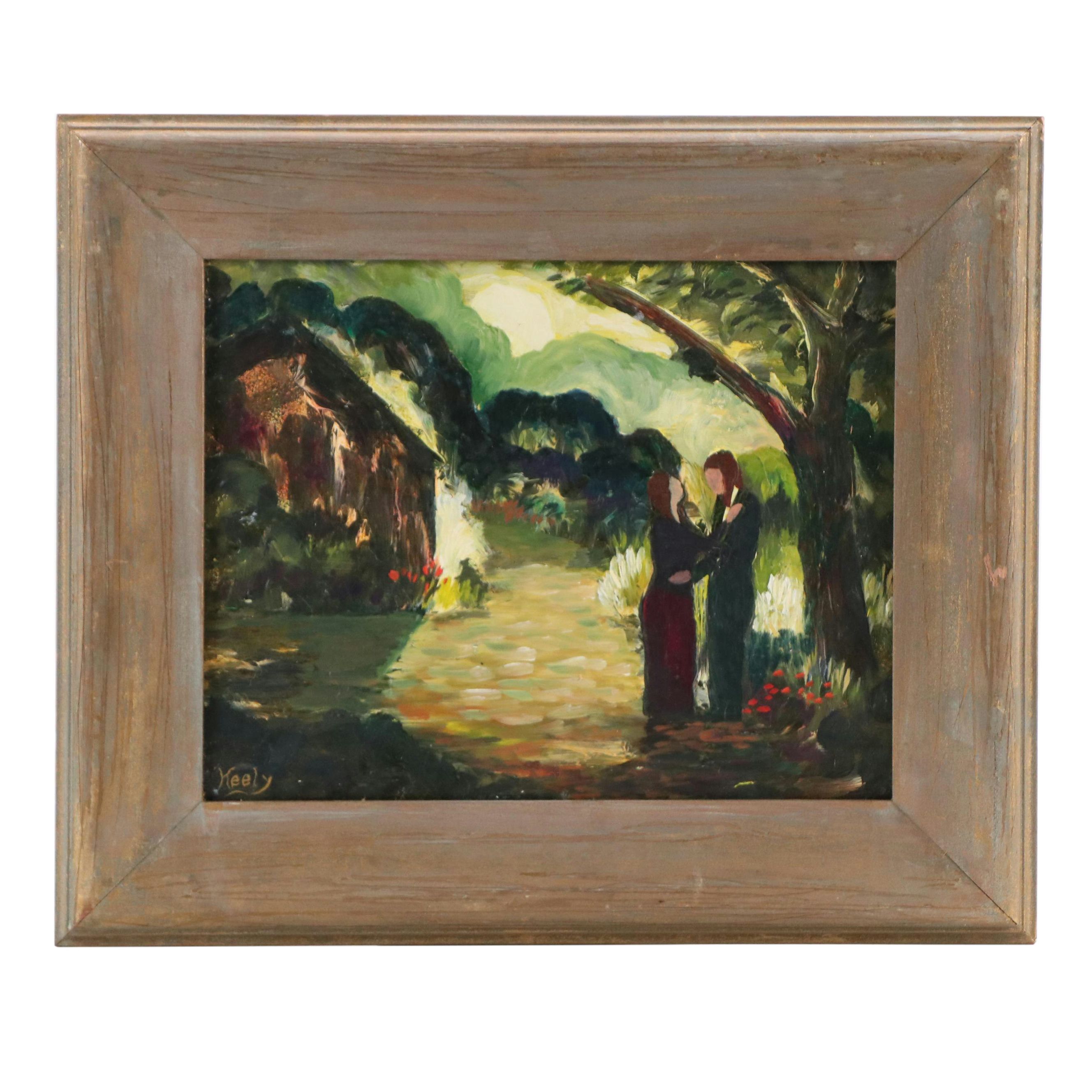 Keely Oil Painting of Figural Forest Scene, Mid-20th Century