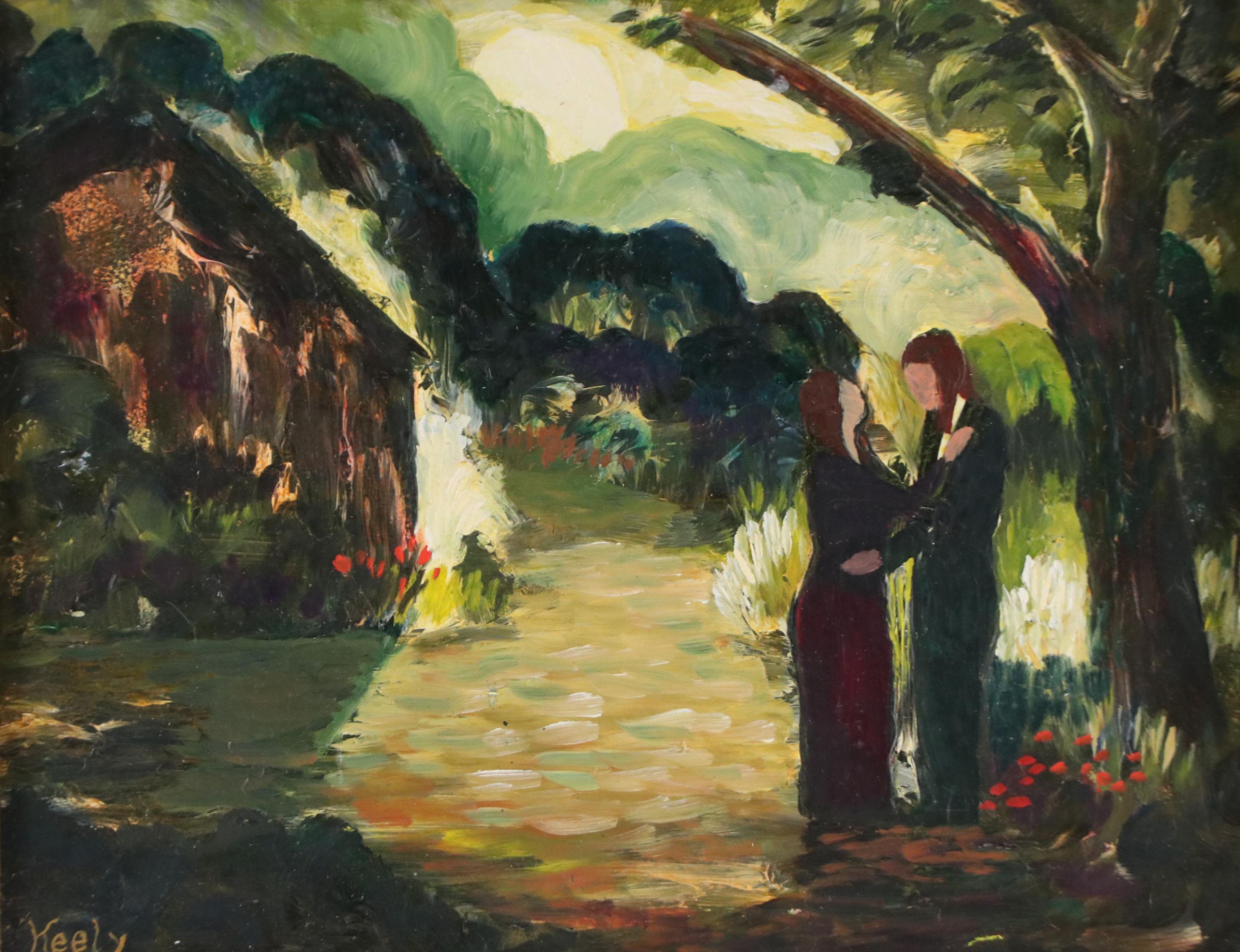 Keely Oil Painting of Figural Forest Scene, Mid-20th Century