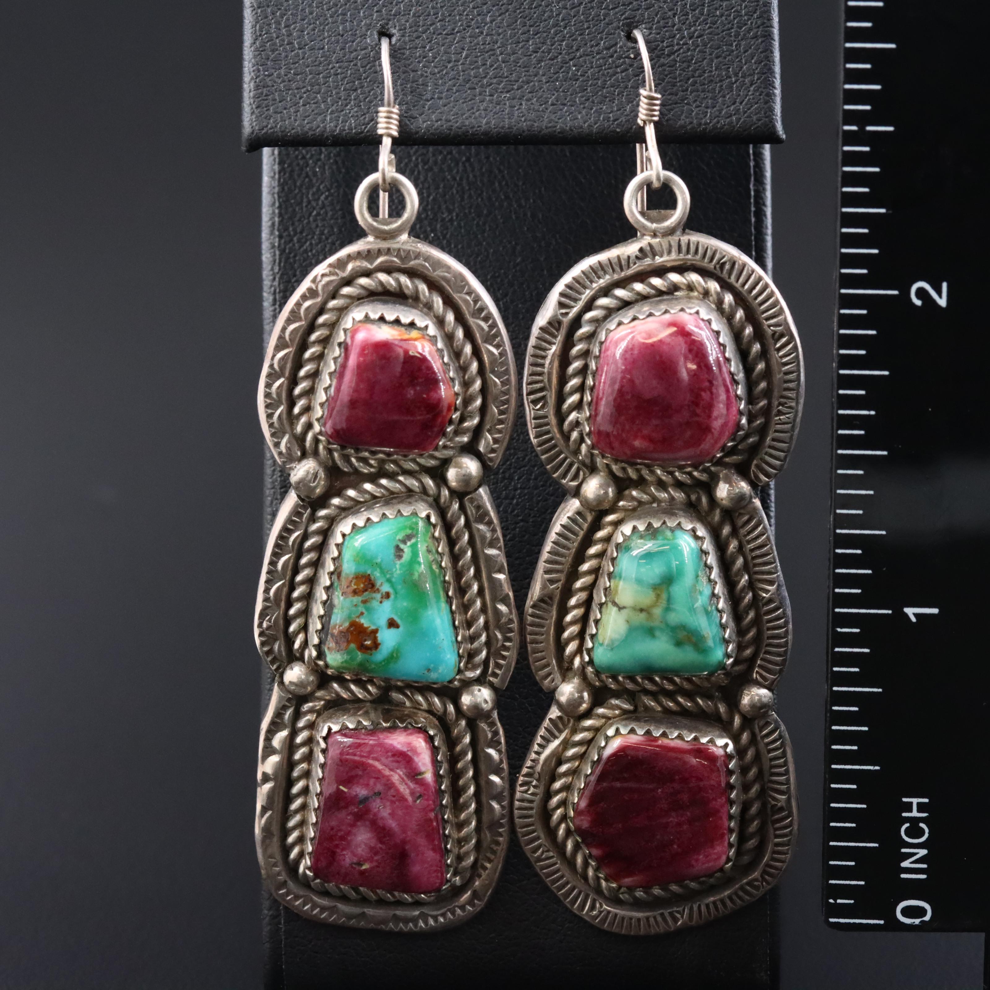 Turquoise and Spiny Oyster Pendant Earrings