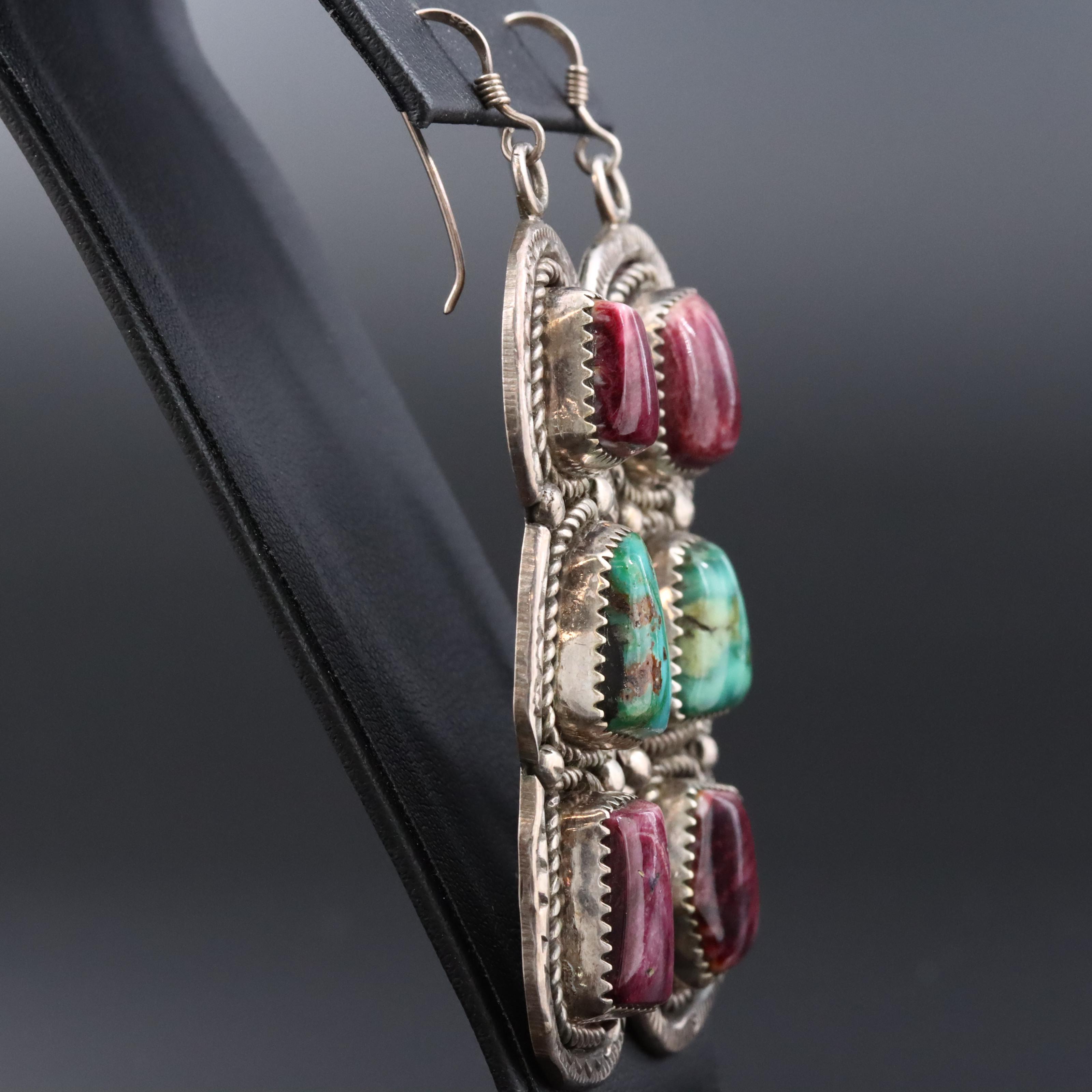 Turquoise and Spiny Oyster Pendant Earrings
