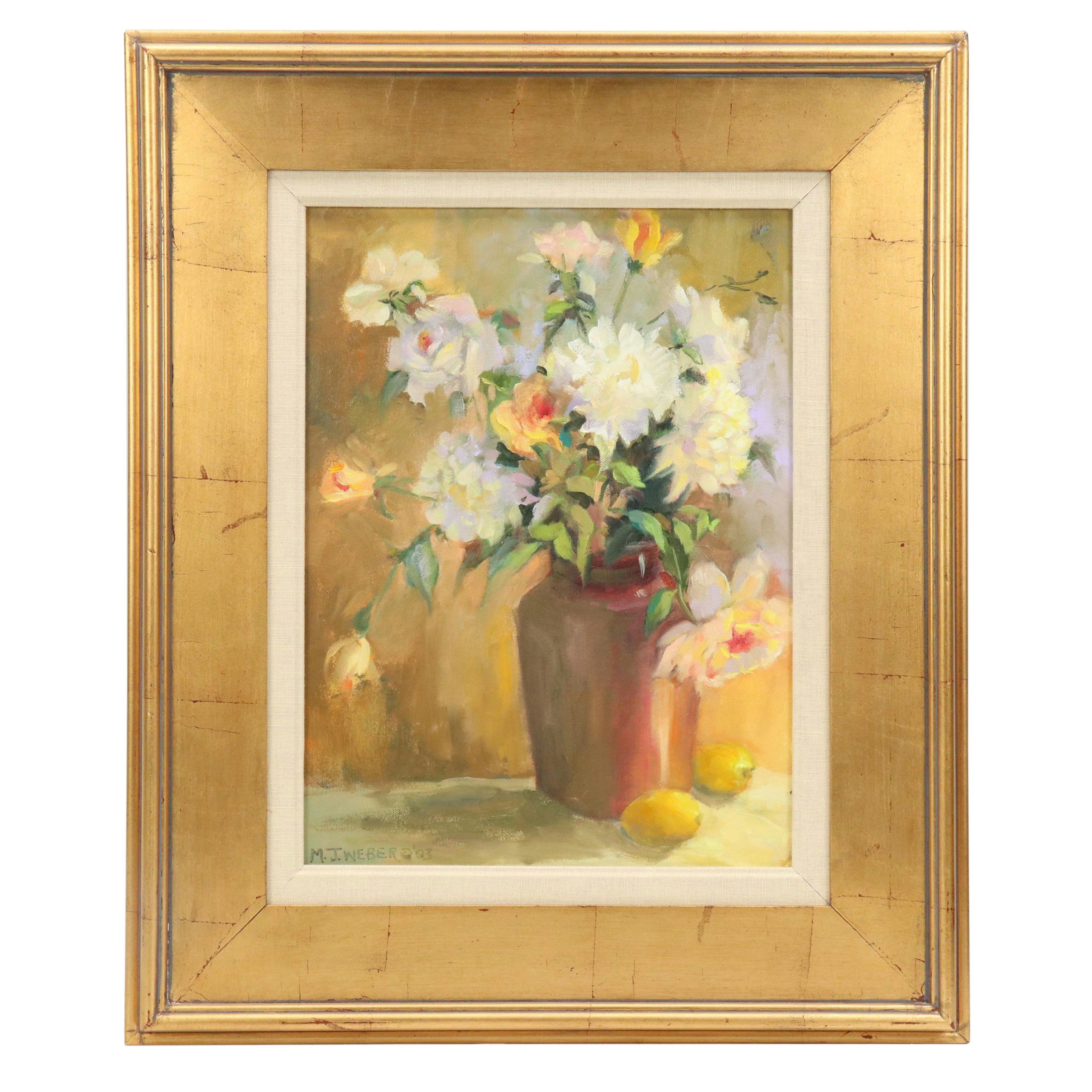 Mary Jane Weber Floral Still Life Oil Painting "Peonies + Roses," 2003