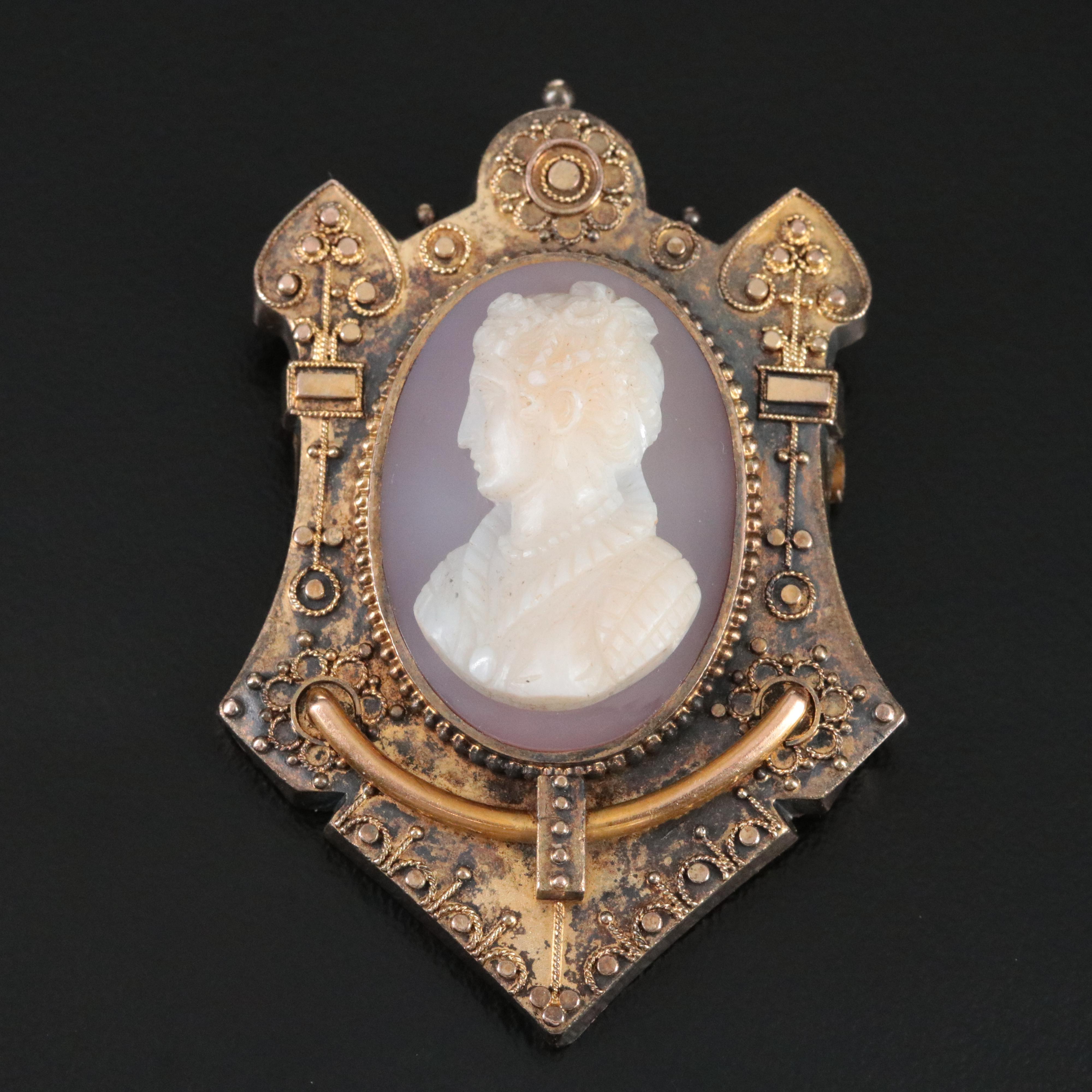 Victorian Renaissance Revival 10K Agate Cameo Converter Brooch