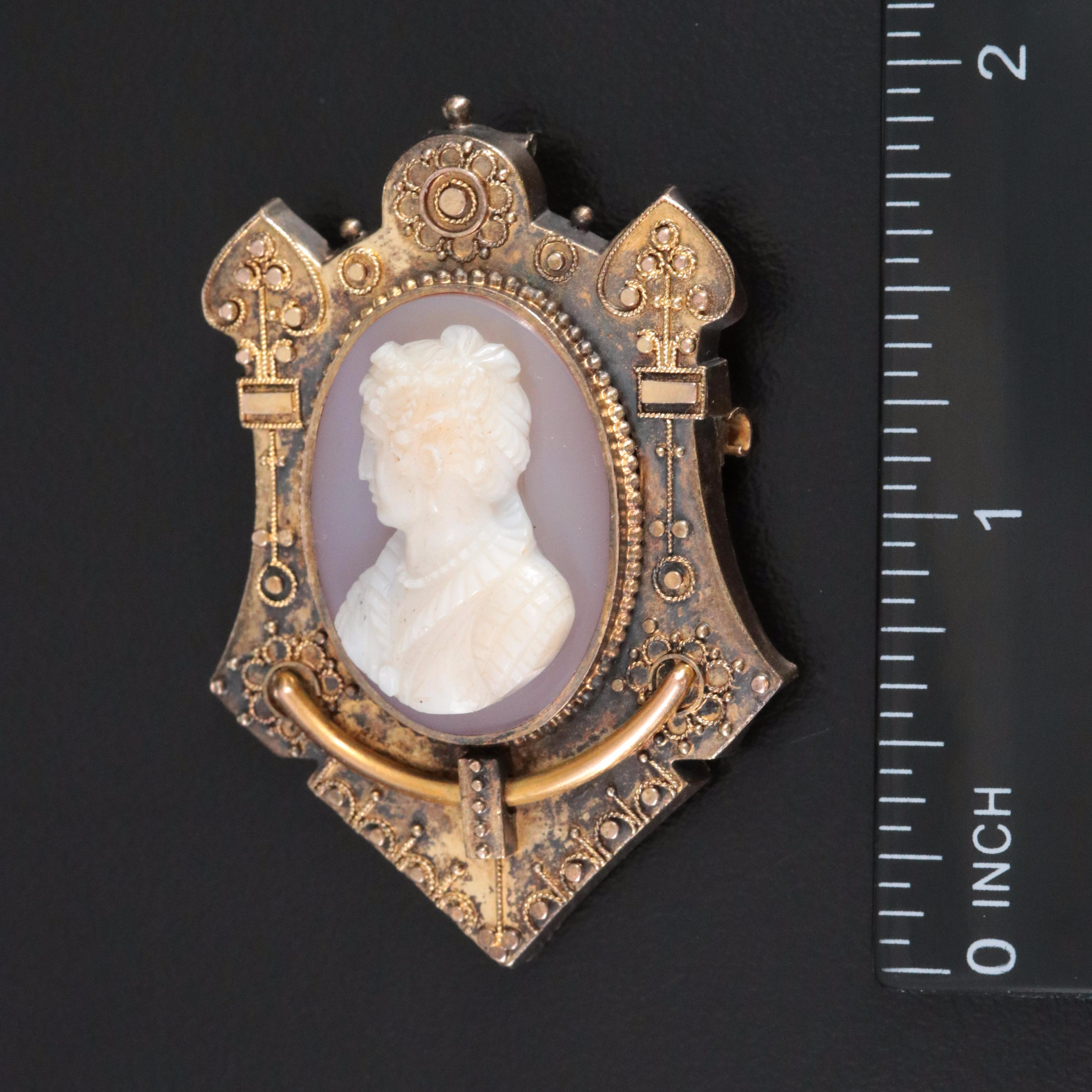 Victorian Renaissance Revival 10K Agate Cameo Converter Brooch