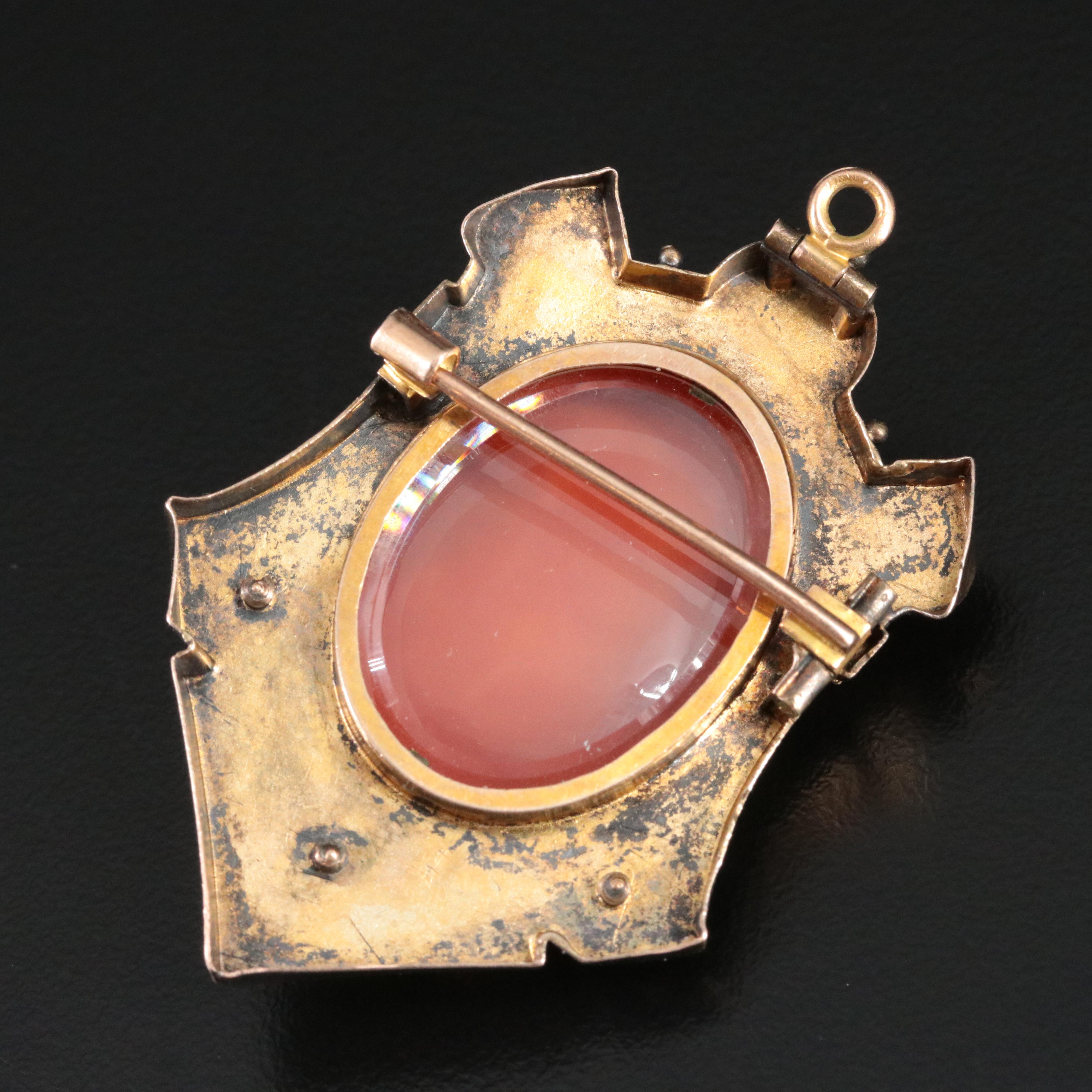 Victorian Renaissance Revival 10K Agate Cameo Converter Brooch
