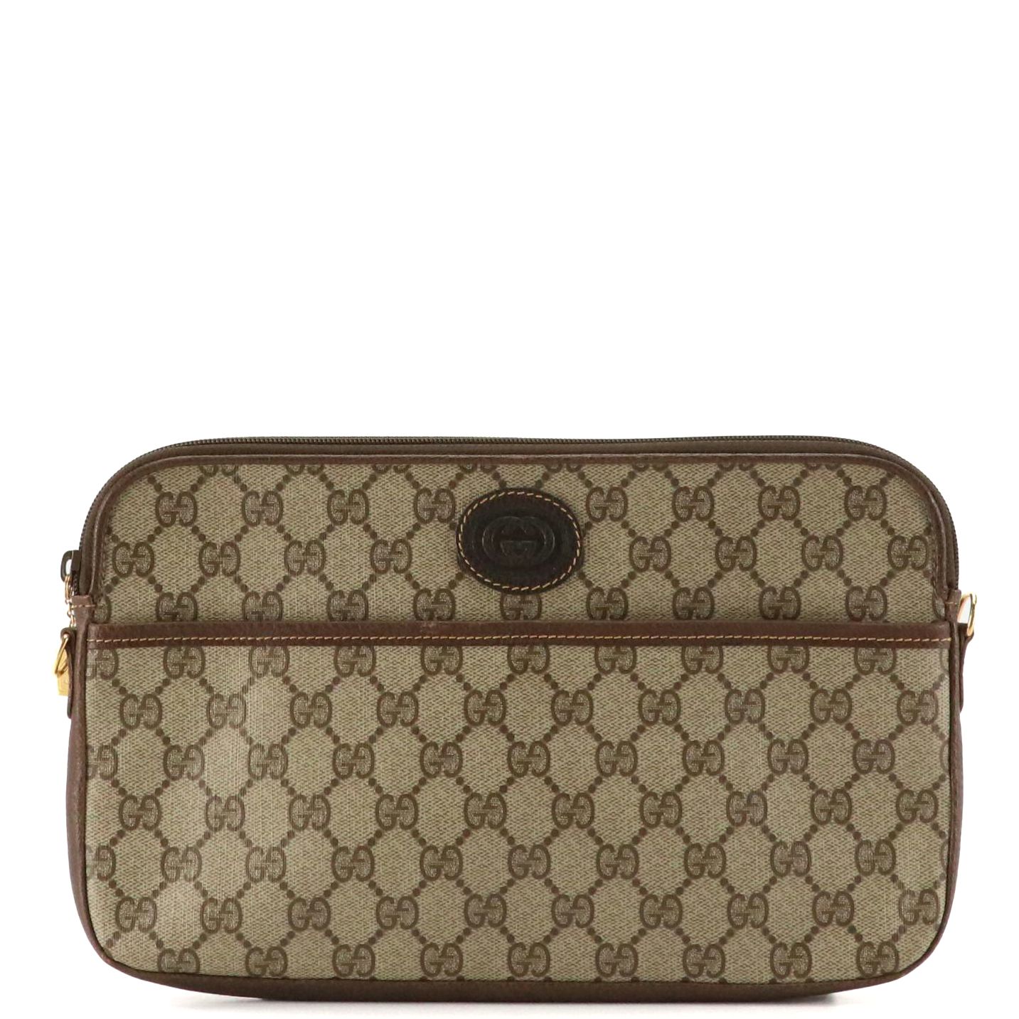 Gucci Vintage Zip Clutch in GG Supreme Coated Canvas and Brown Leather Trim