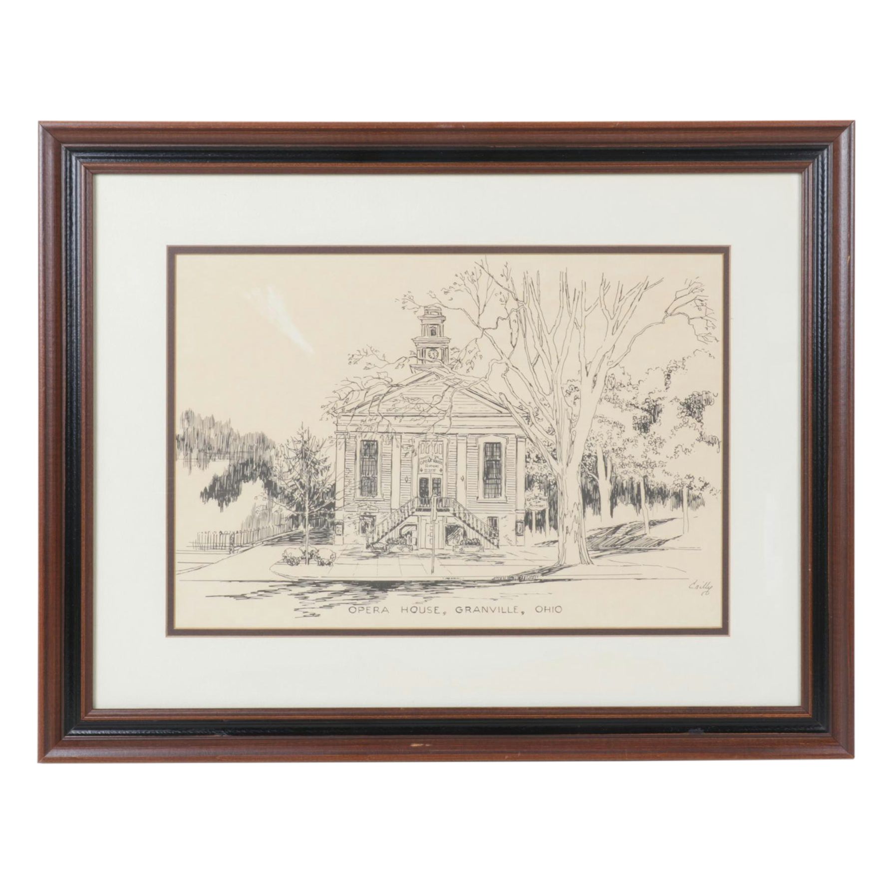 Cailly "Opera House, Granville, Ohio" Pen and Ink Style Lithograph