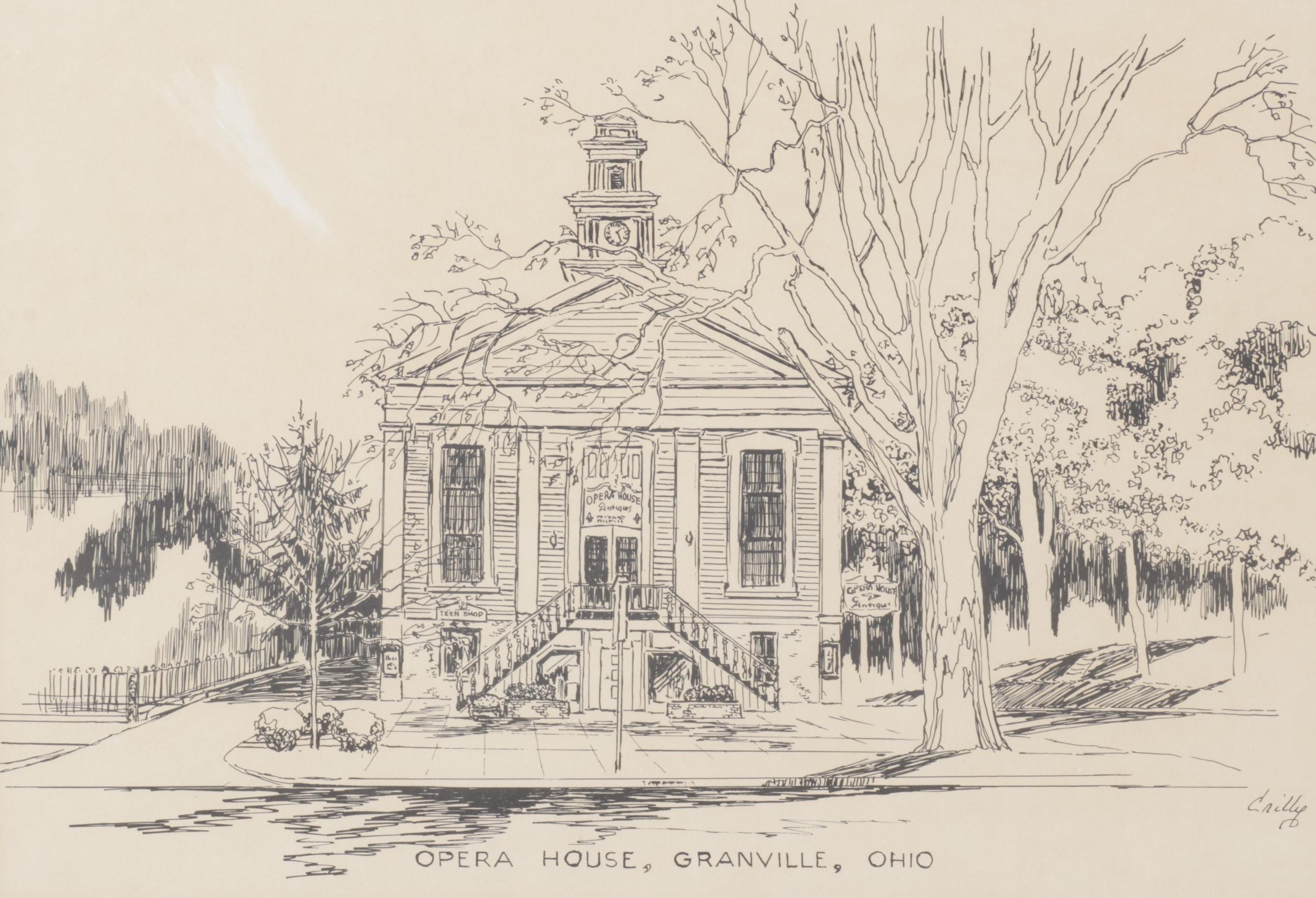 Cailly "Opera House, Granville, Ohio" Pen and Ink Style Lithograph