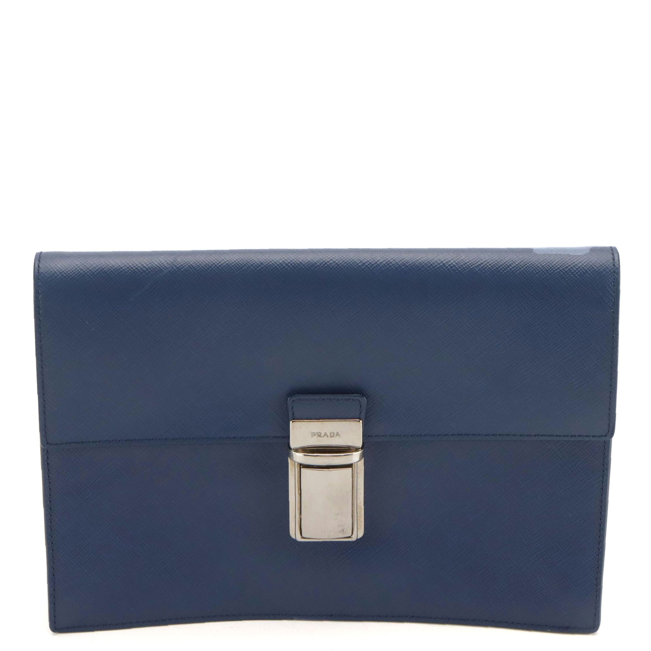 Prada Front Flap Push Lock Wristelt Clutch in Blue Saffiano Leather