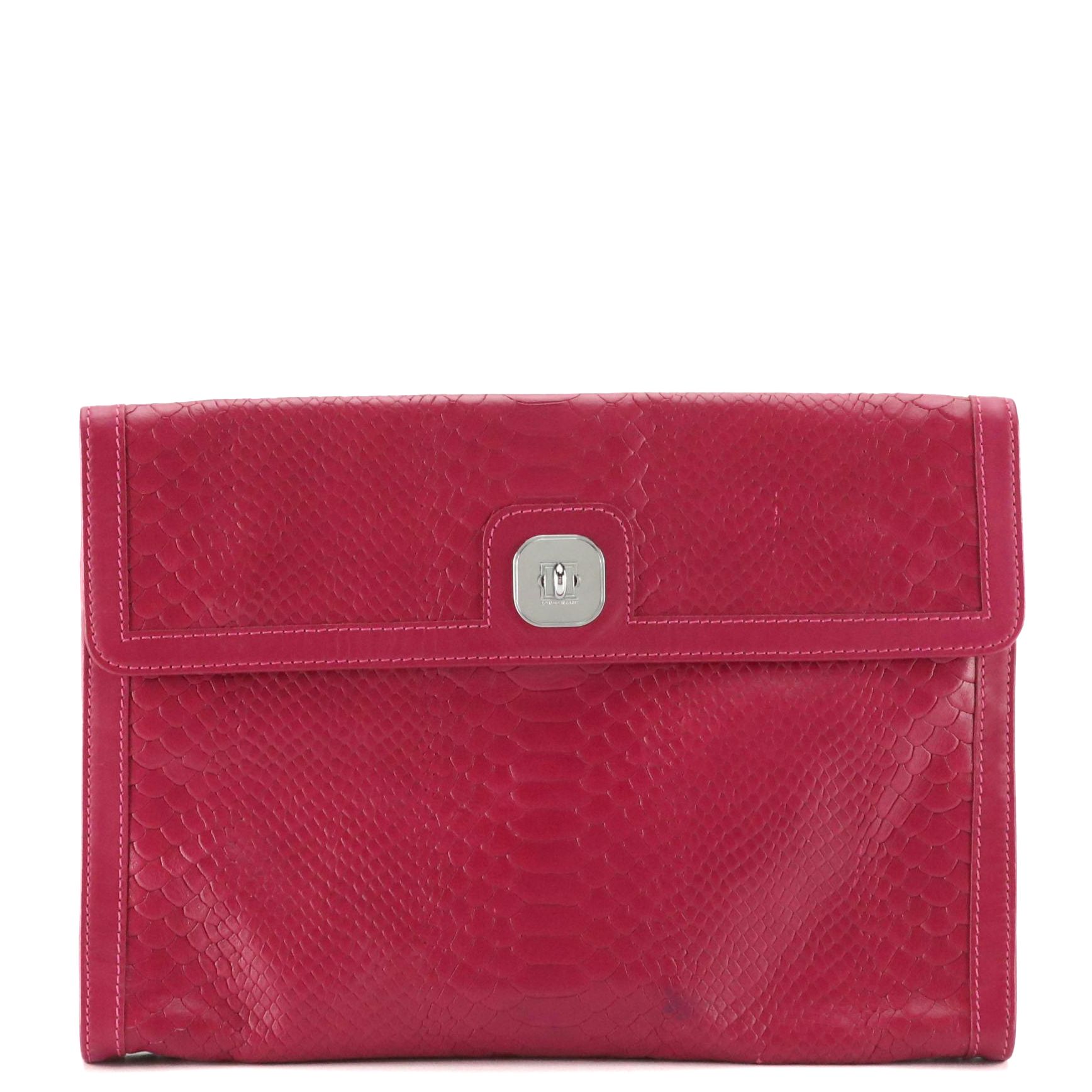 Longchamp Gatsby Flap Clutch in Magenta Python Embossed Leather