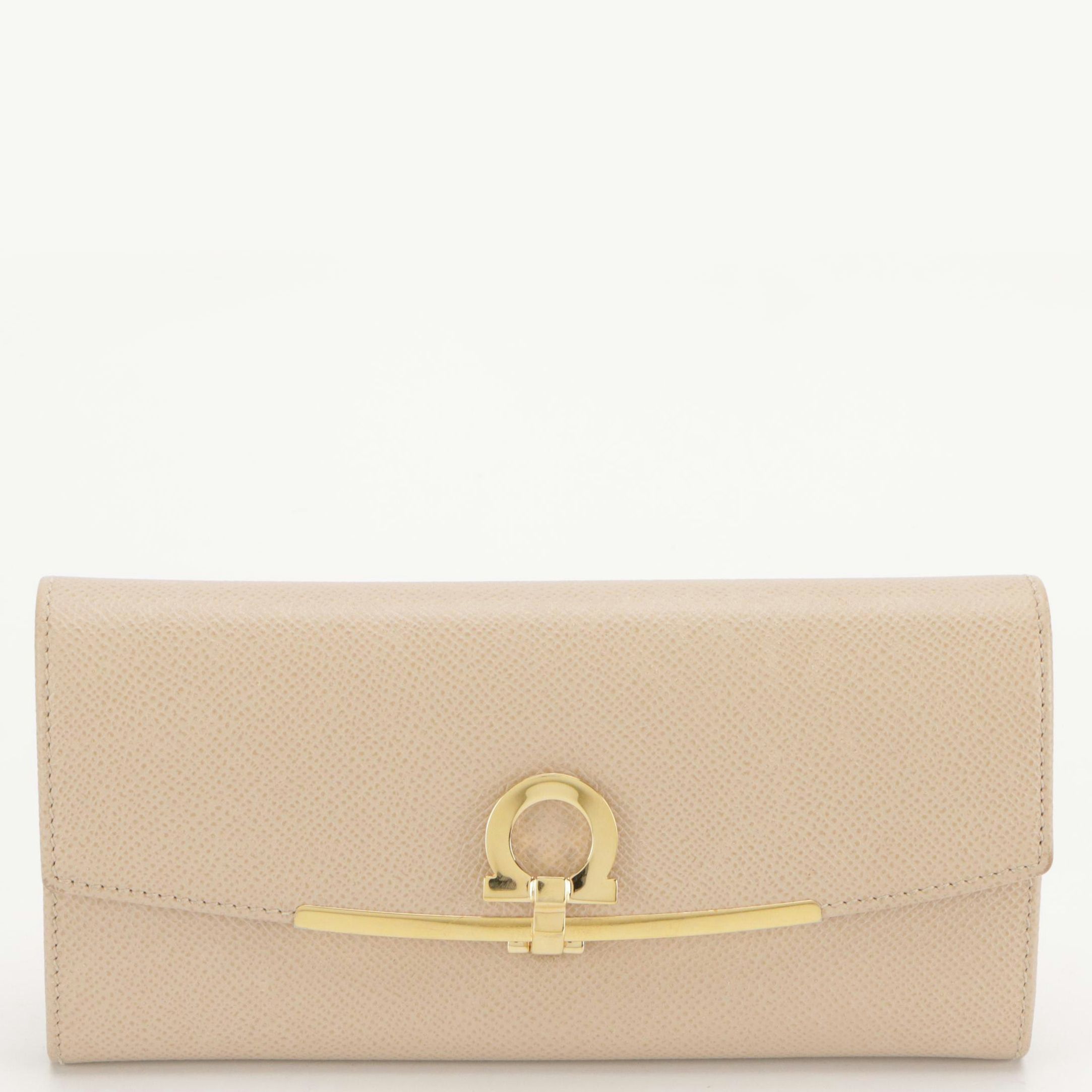 Salvatore Ferragamo Gancini-Flap Continental Wallet in Beige Leather, With Box