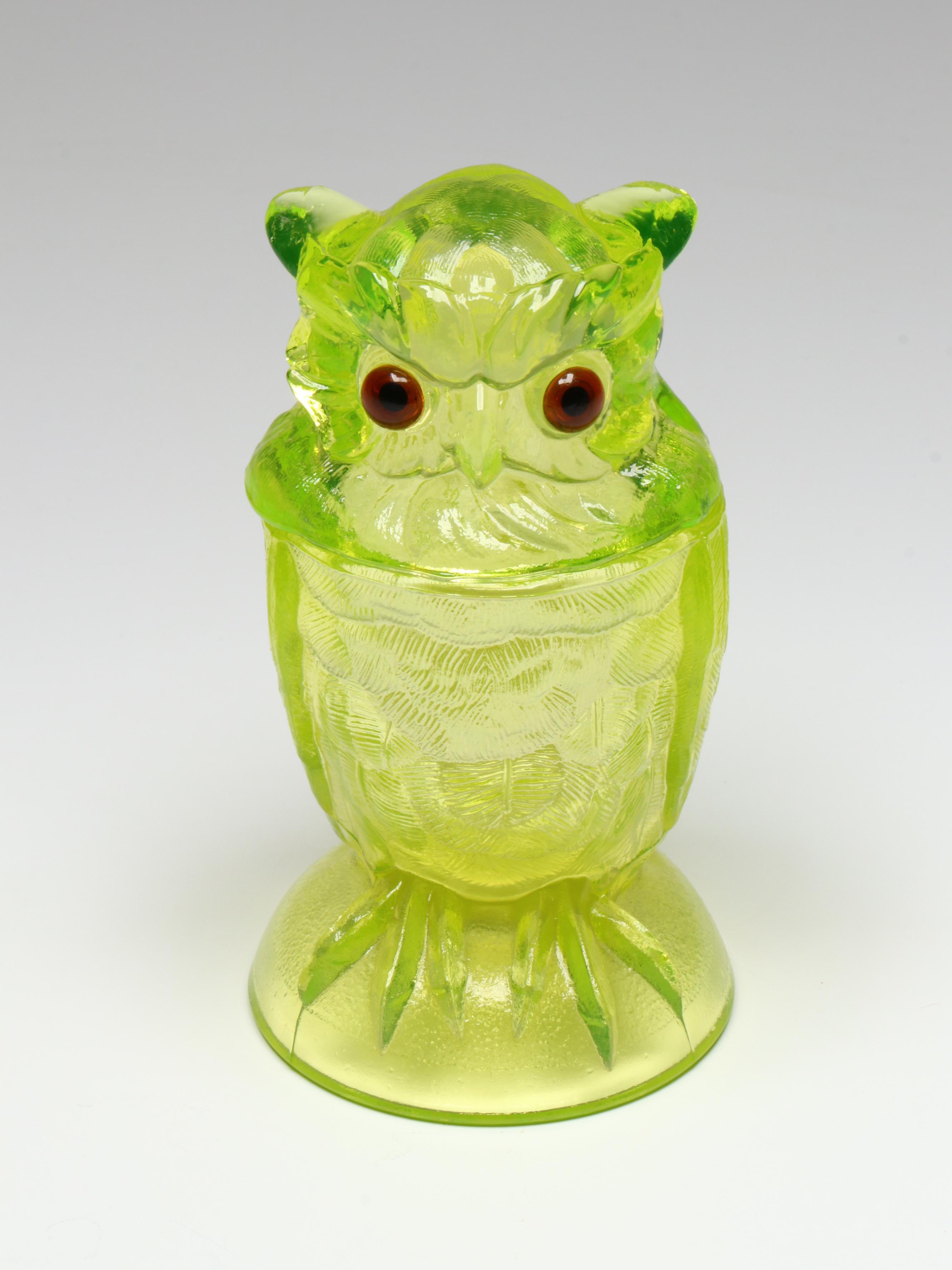 Imperial Uranium Glass Owl Candy Dish with Frog Figurine and More