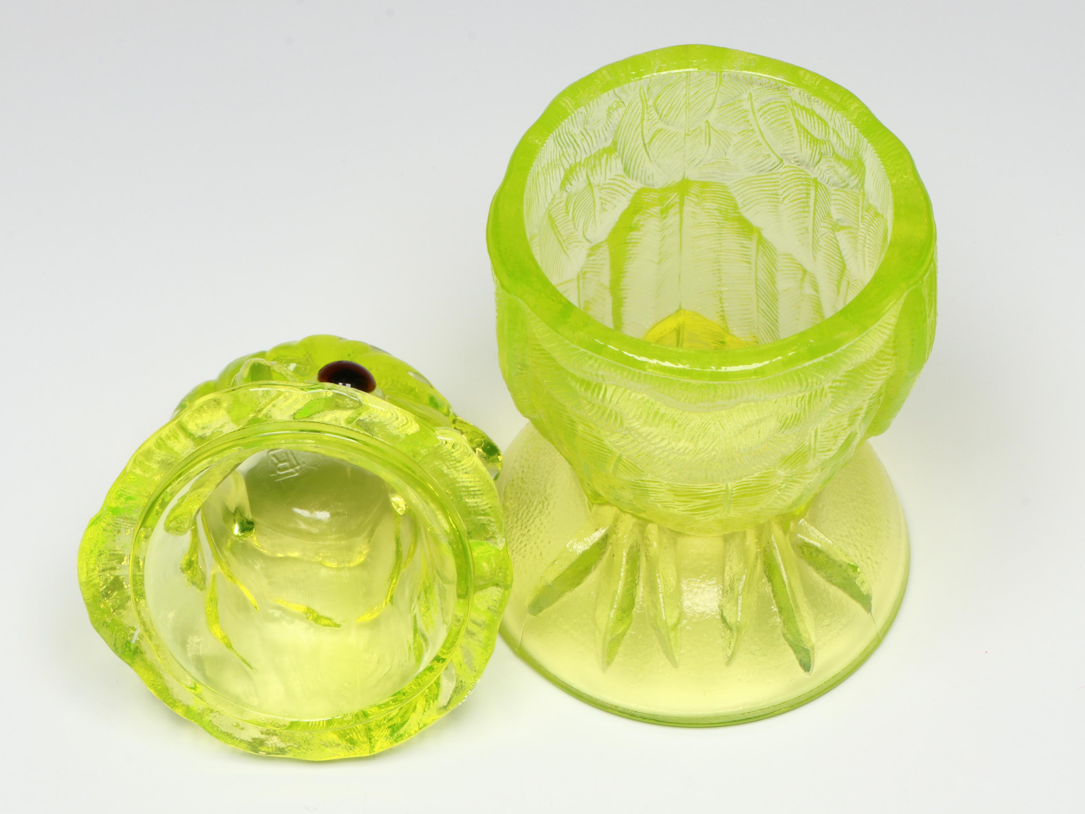Imperial Uranium Glass Owl Candy Dish with Frog Figurine and More