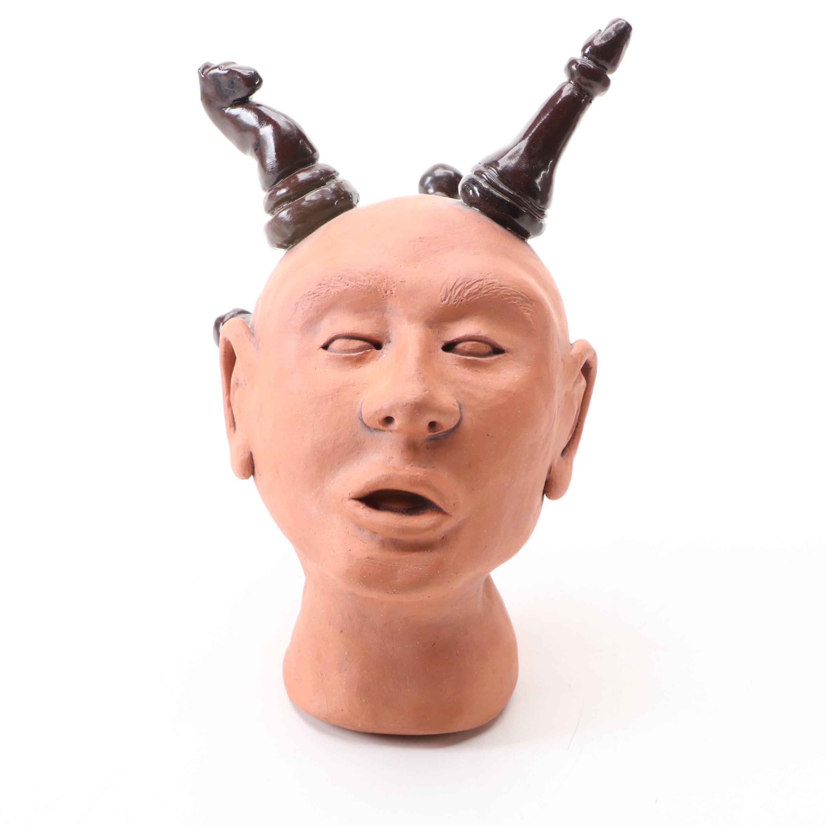 Hand-Painted Terracotta Head Sculptures with Vessel