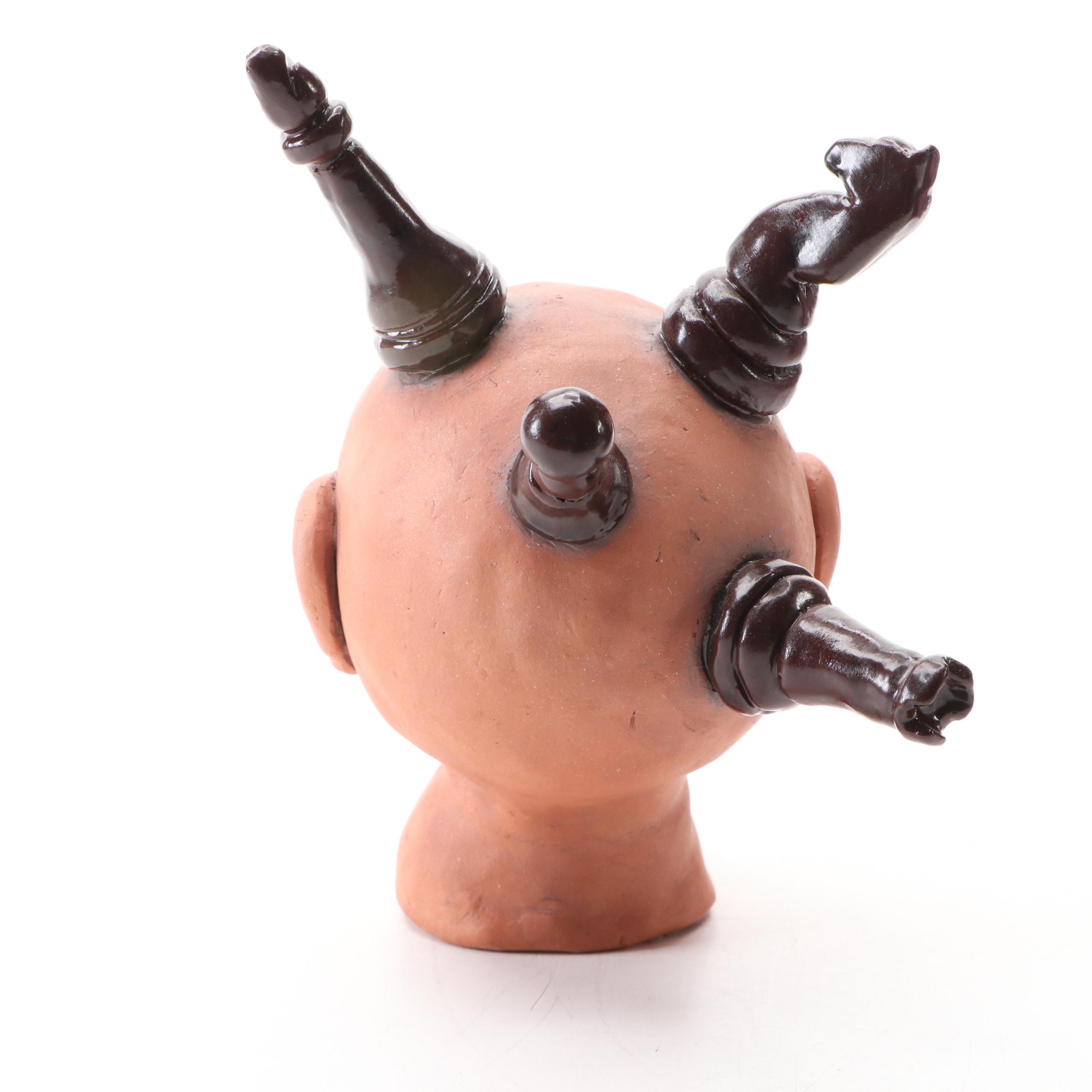 Hand-Painted Terracotta Head Sculptures with Vessel