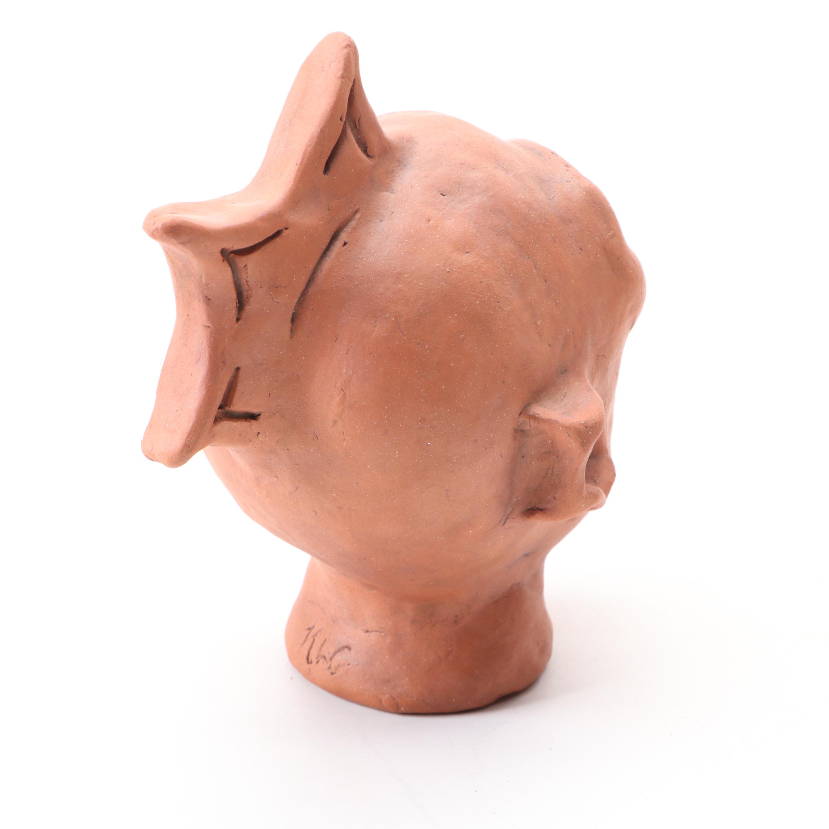 Hand-Painted Terracotta Head Sculptures with Vessel