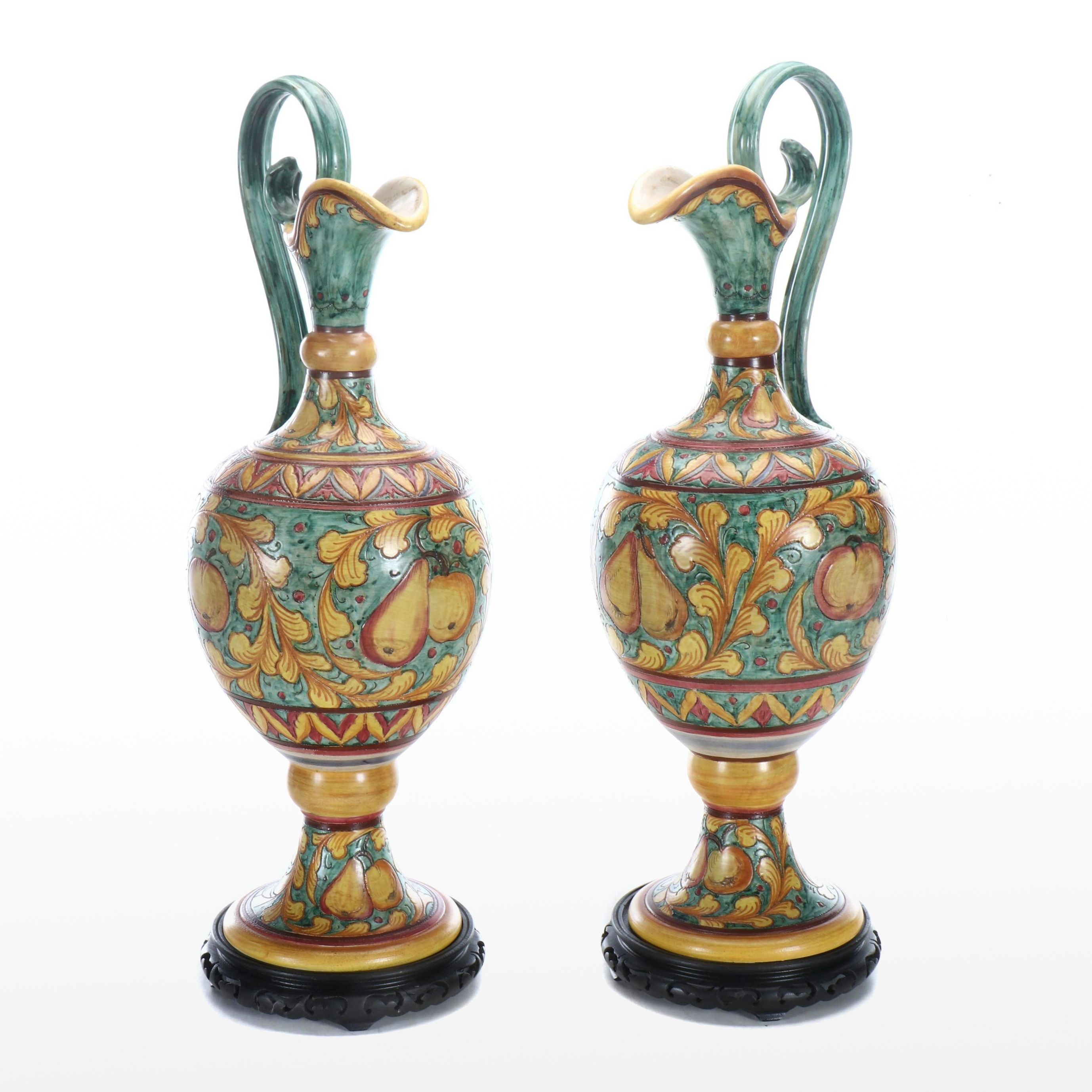 Pair of Deruta Pottery Majolica Ewers on Wood Base