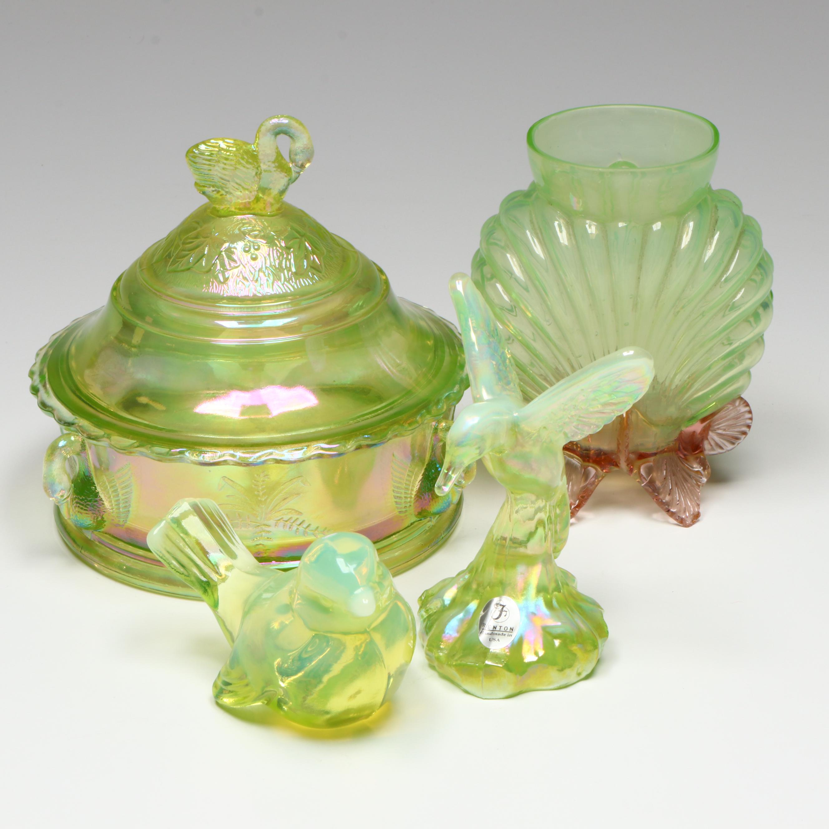 Westmoreland Uranium Glass Swan Candy Dish with Fenton Figurines and More