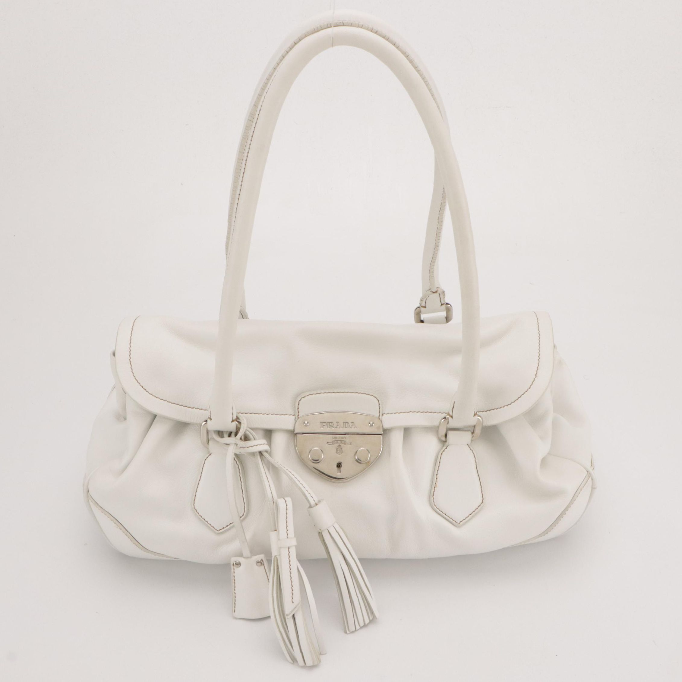 Prada Sound Lock Satchel in White Calfskin Leather