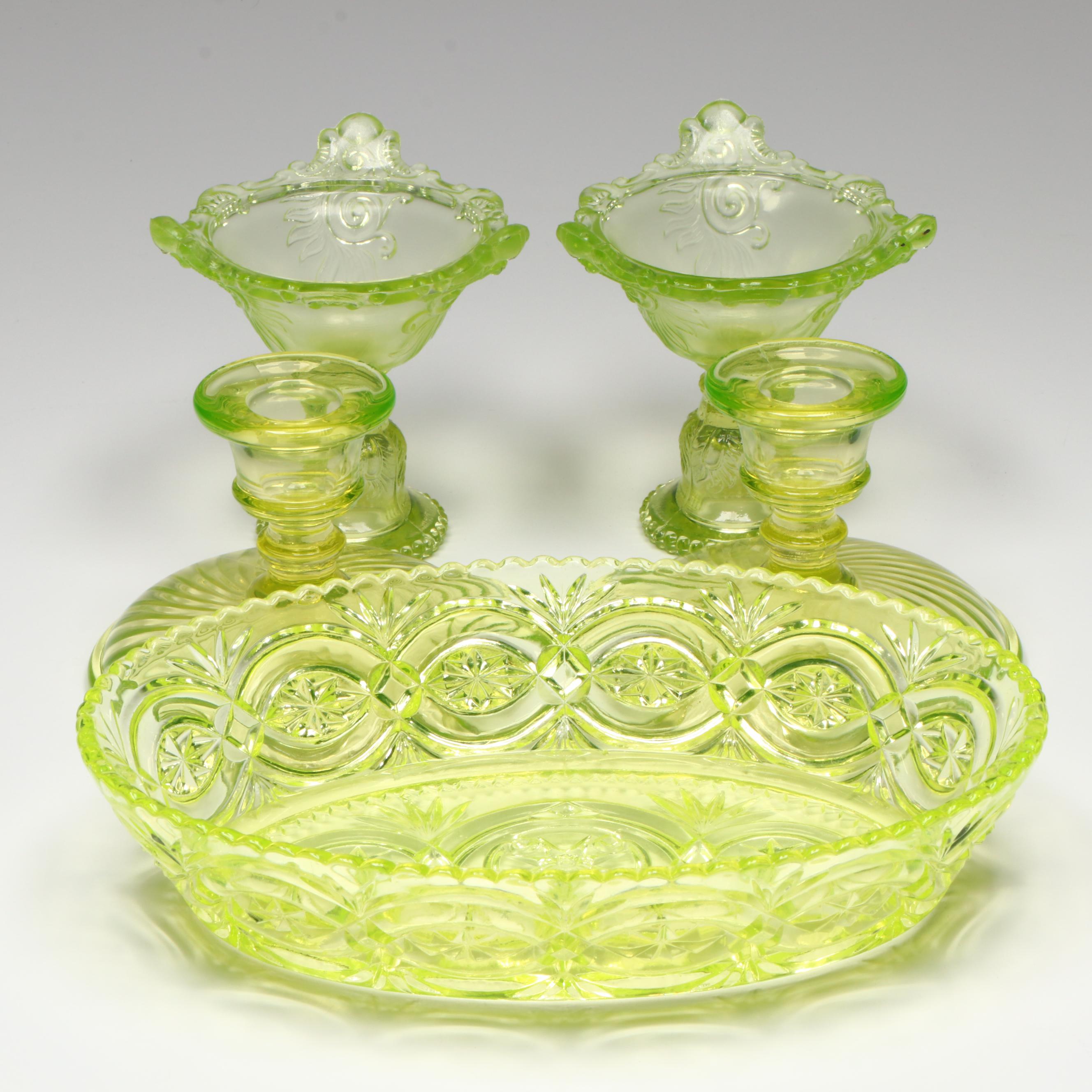 Westmoreland Uranium Glass Candle Holders with Cut Glass Dish and More