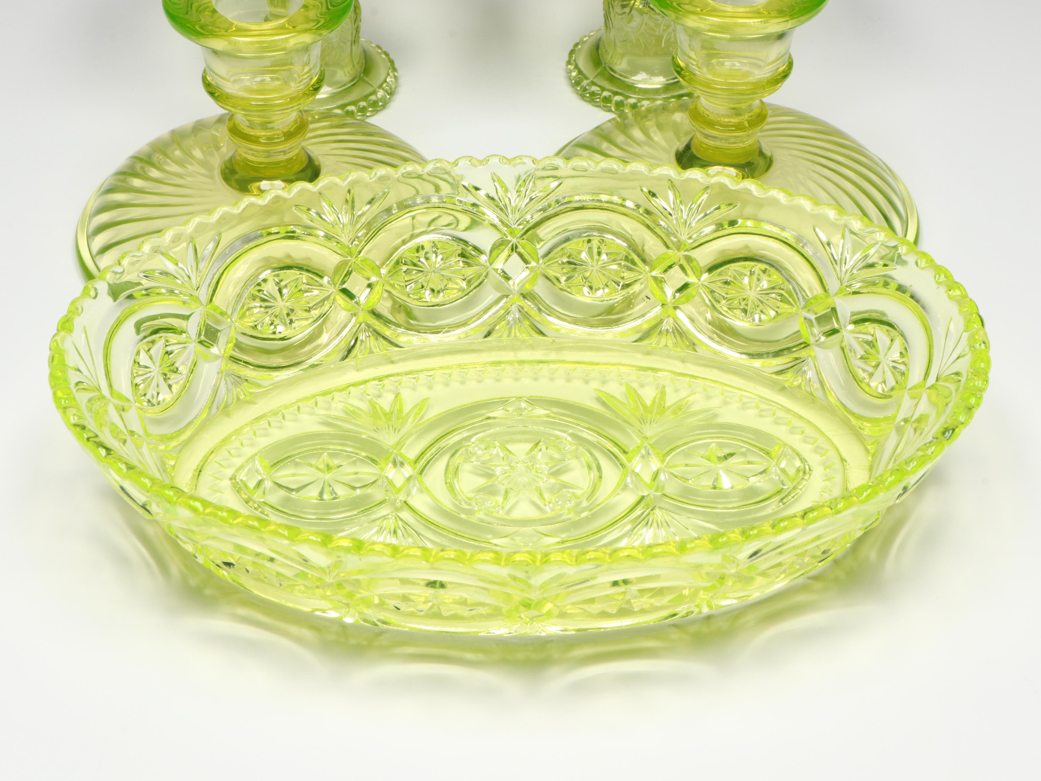 Westmoreland Uranium Glass Candle Holders with Cut Glass Dish and More