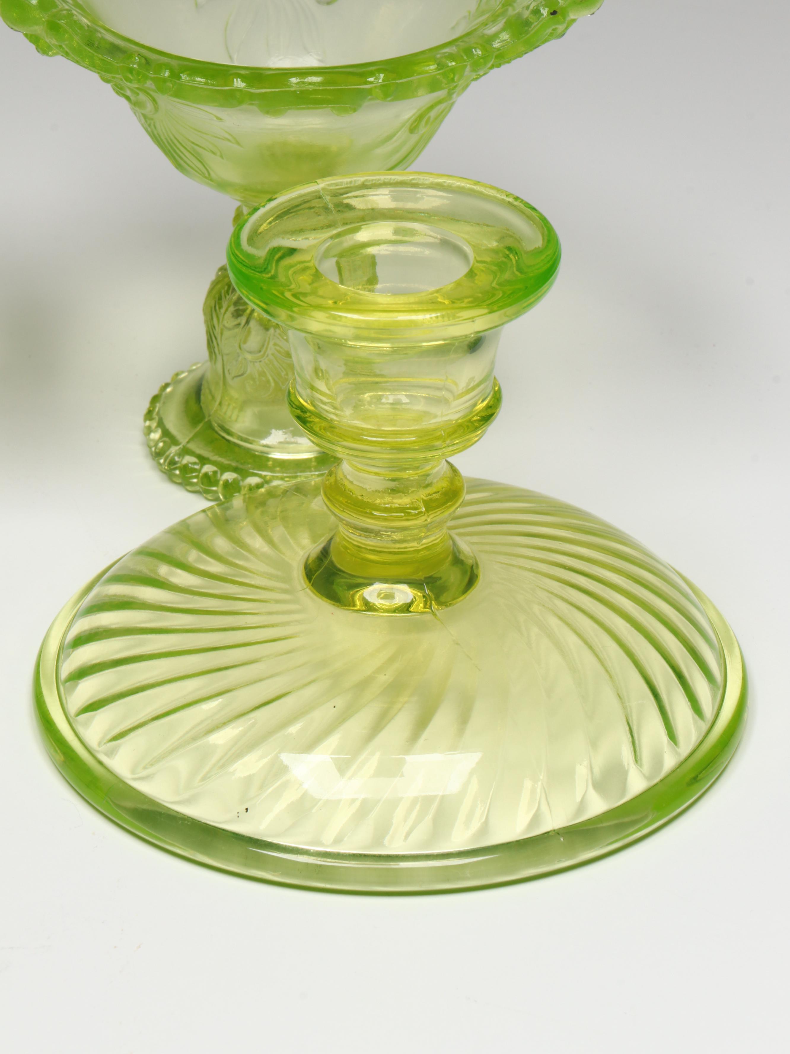Westmoreland Uranium Glass Candle Holders with Cut Glass Dish and More