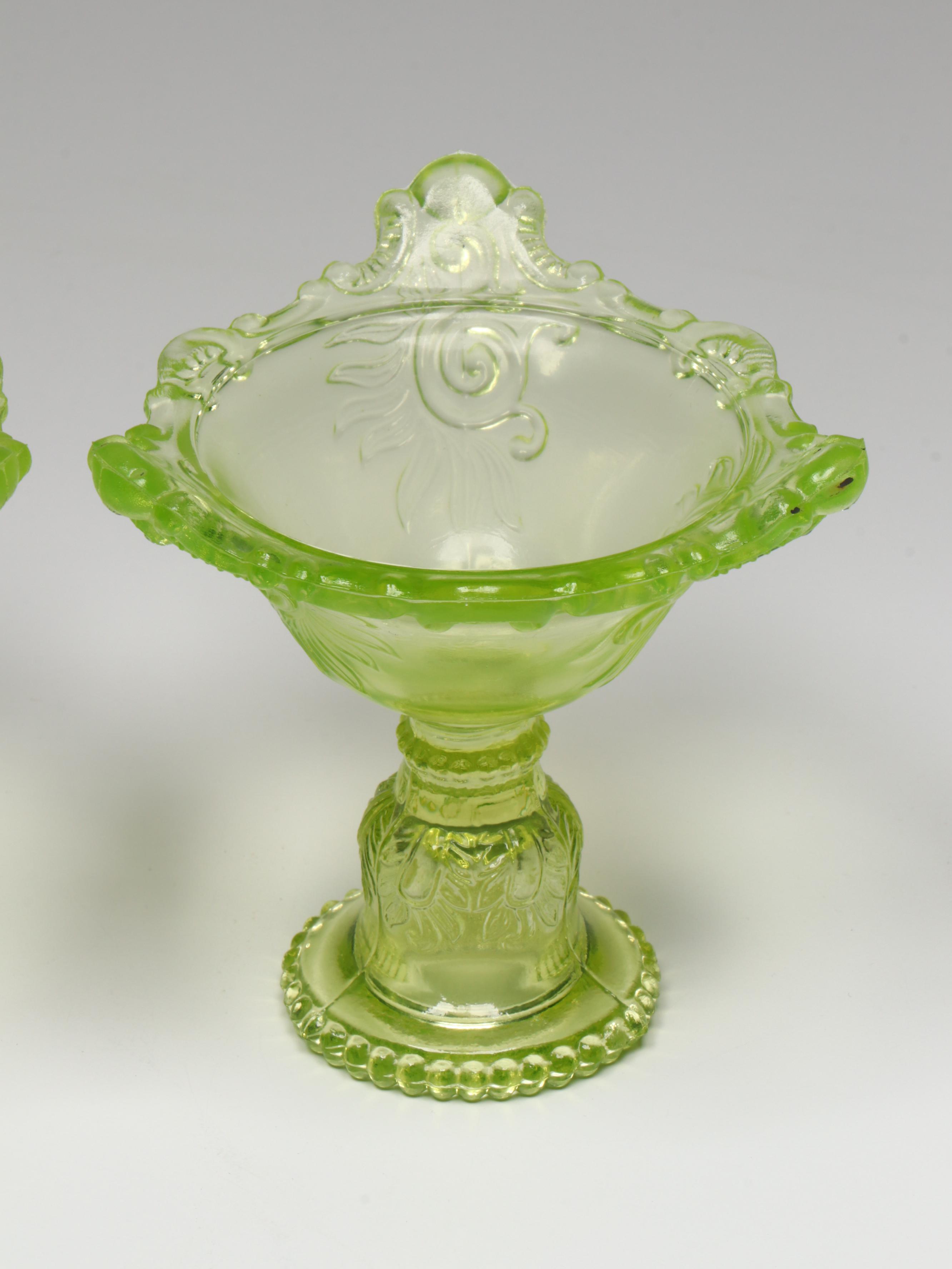 Westmoreland Uranium Glass Candle Holders with Cut Glass Dish and More