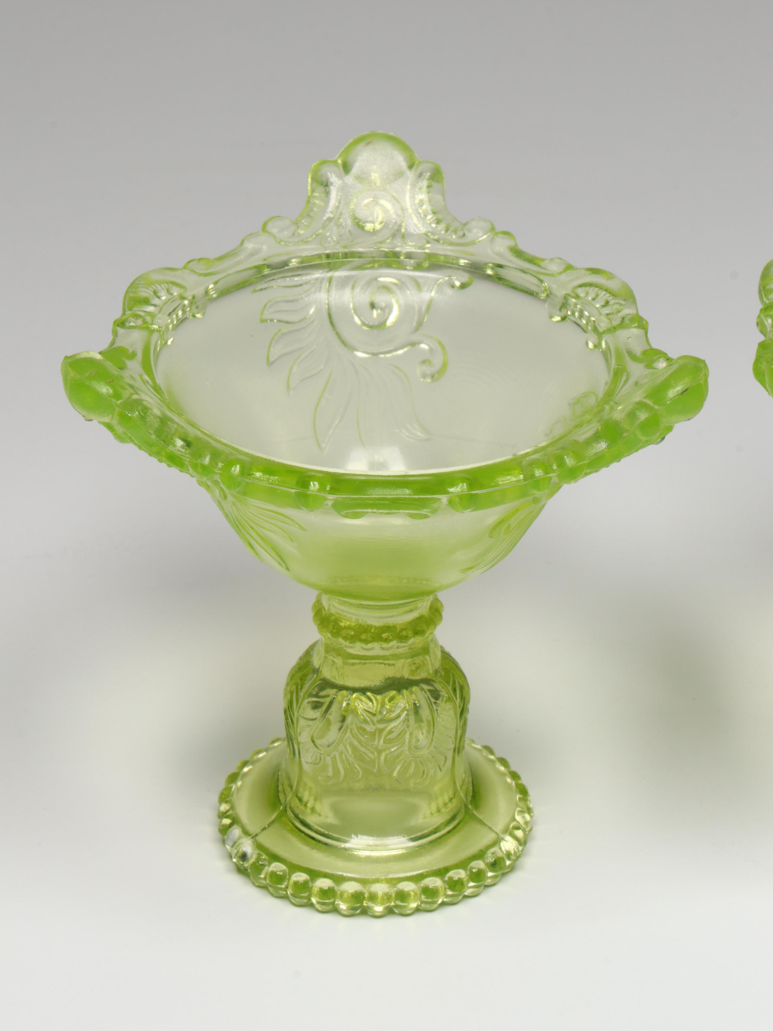 Westmoreland Uranium Glass Candle Holders with Cut Glass Dish and More
