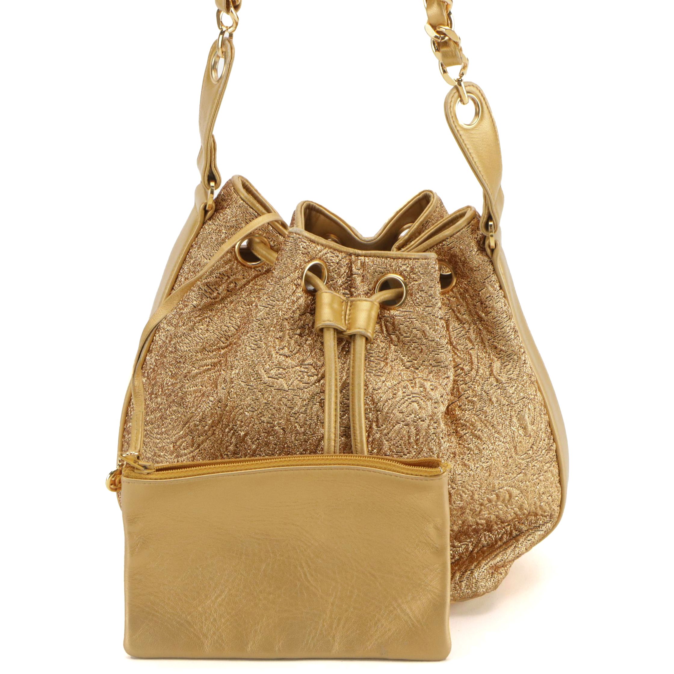 Chanel Gold Silk Brocade Drawstring Bucket Bag and Pouch with Leather Trim