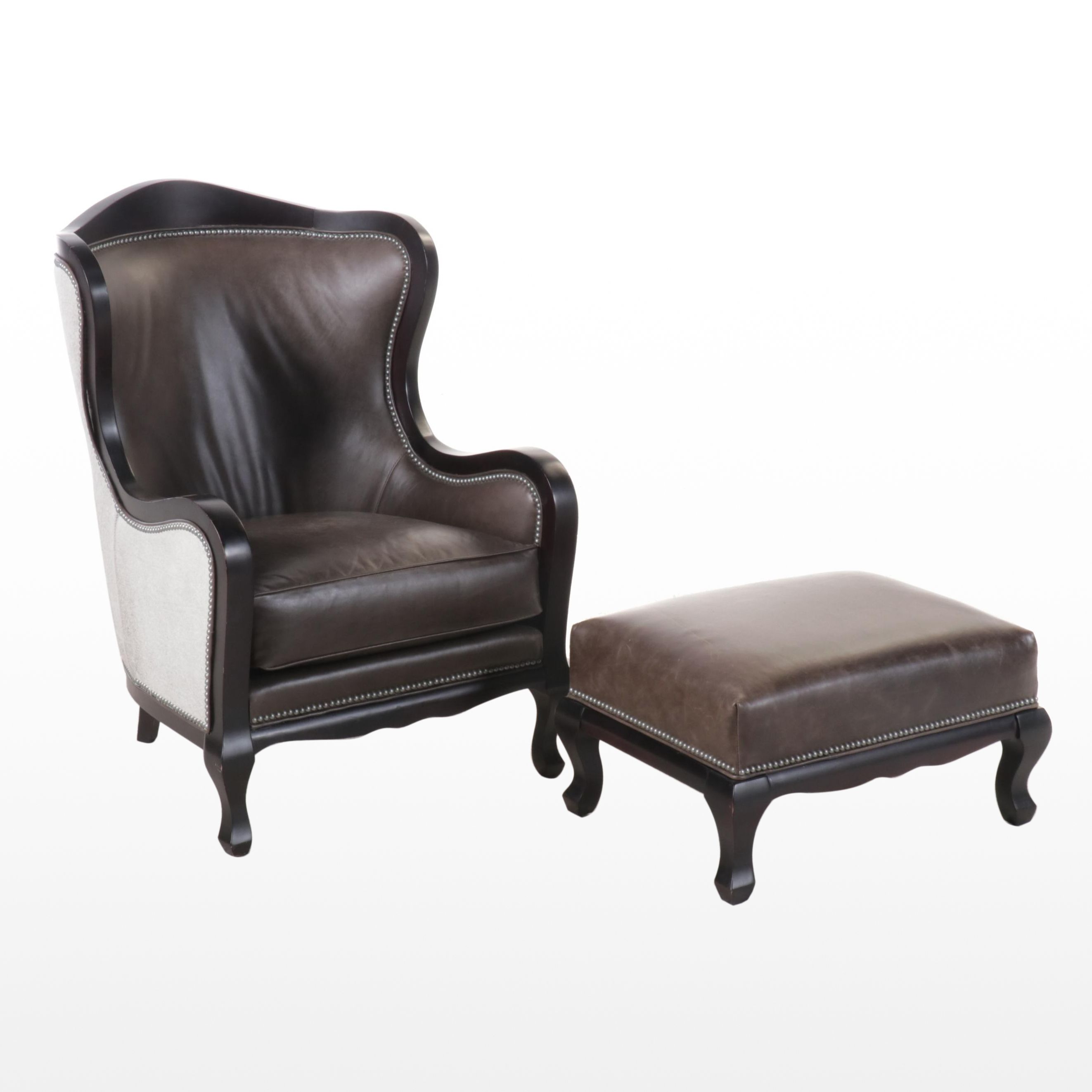 Camden Collection Nail Head Trim Cowhide Leather Wingback Armchair with Ottoman