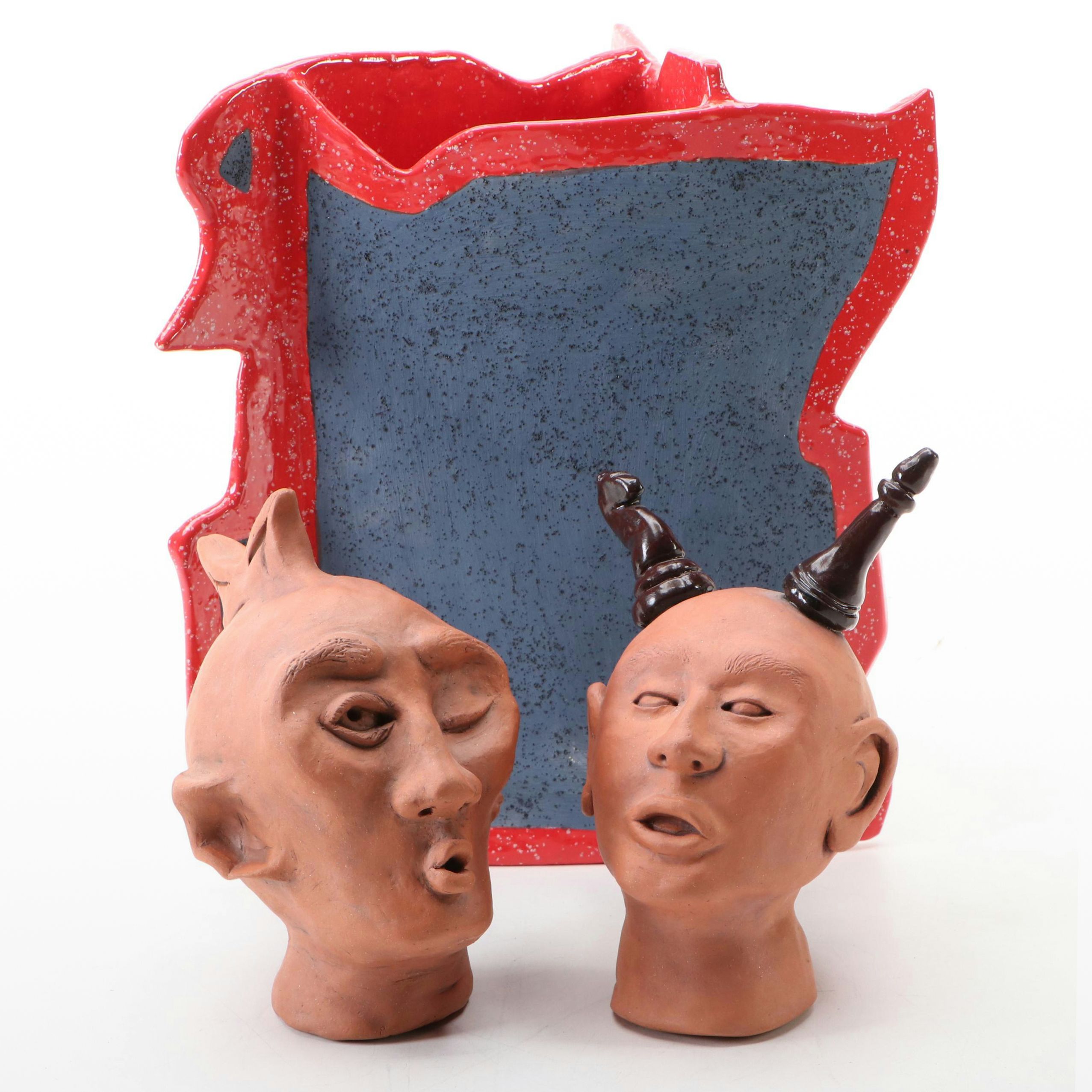 Hand-Painted Terracotta Head Sculptures with Vessel