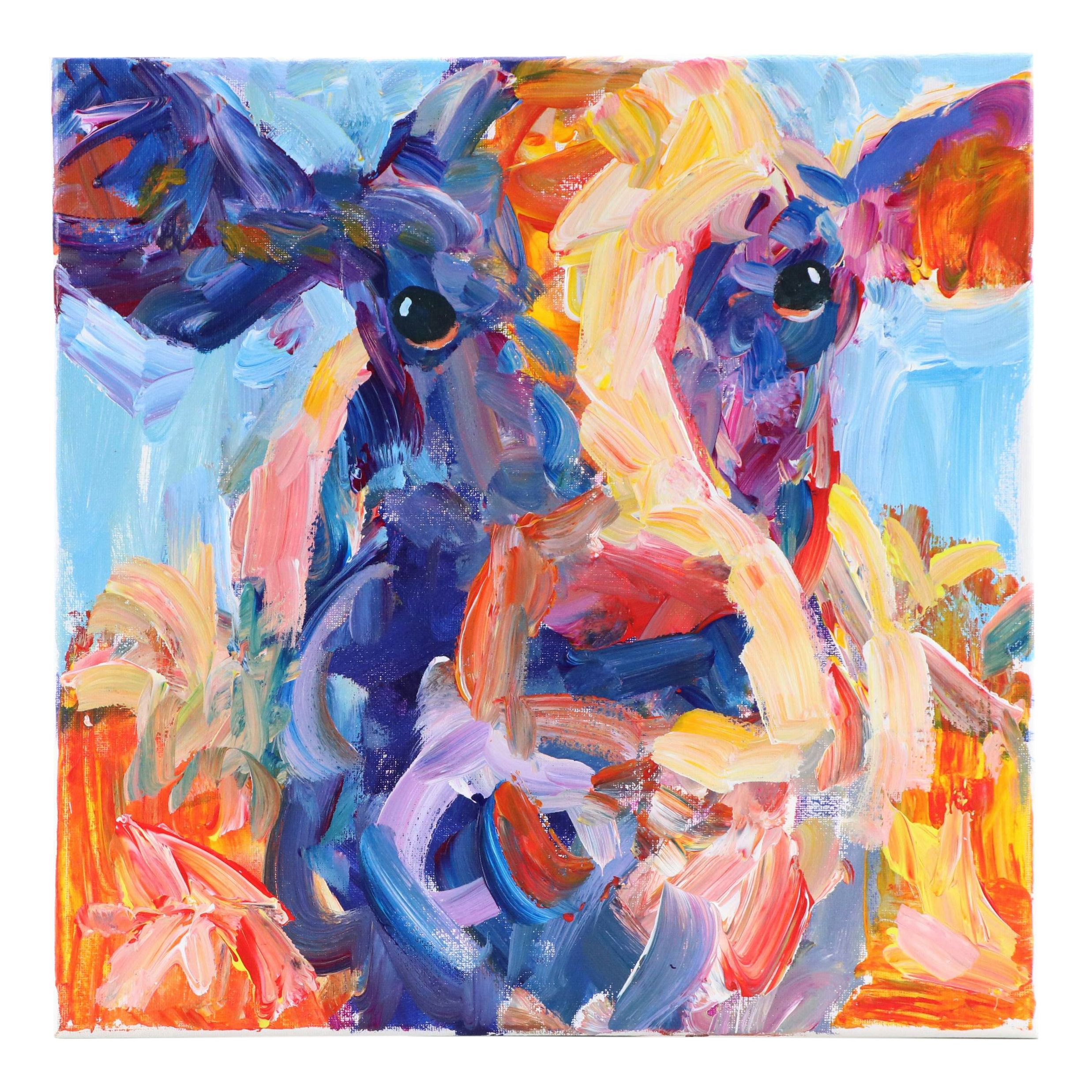 Elle Raines Stylized Acrylic Painting "Cow," 21st Century