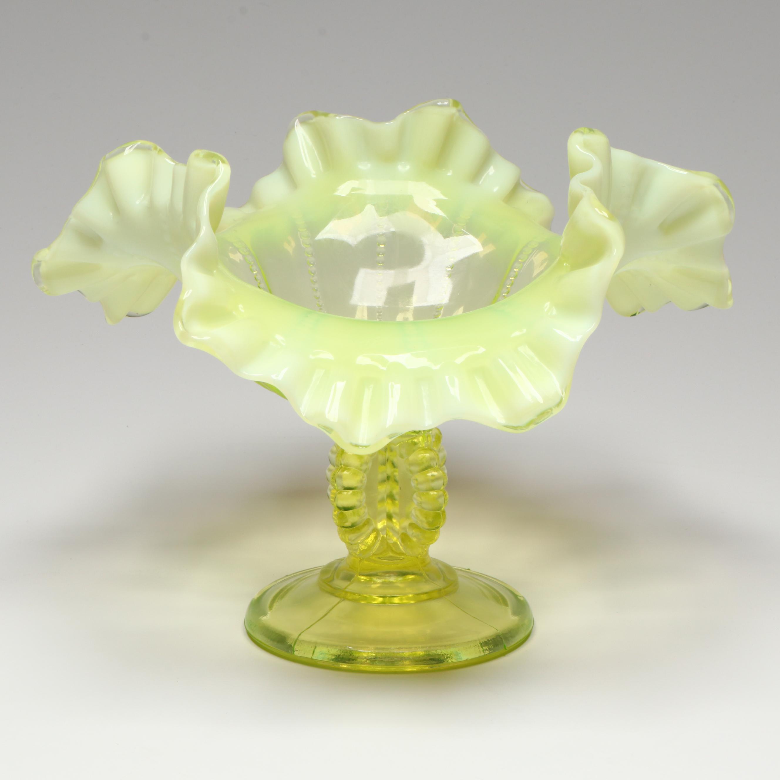 Northwood Vaseline Glass Ruffled Compote with Other Opalescent Glass, 20th C.