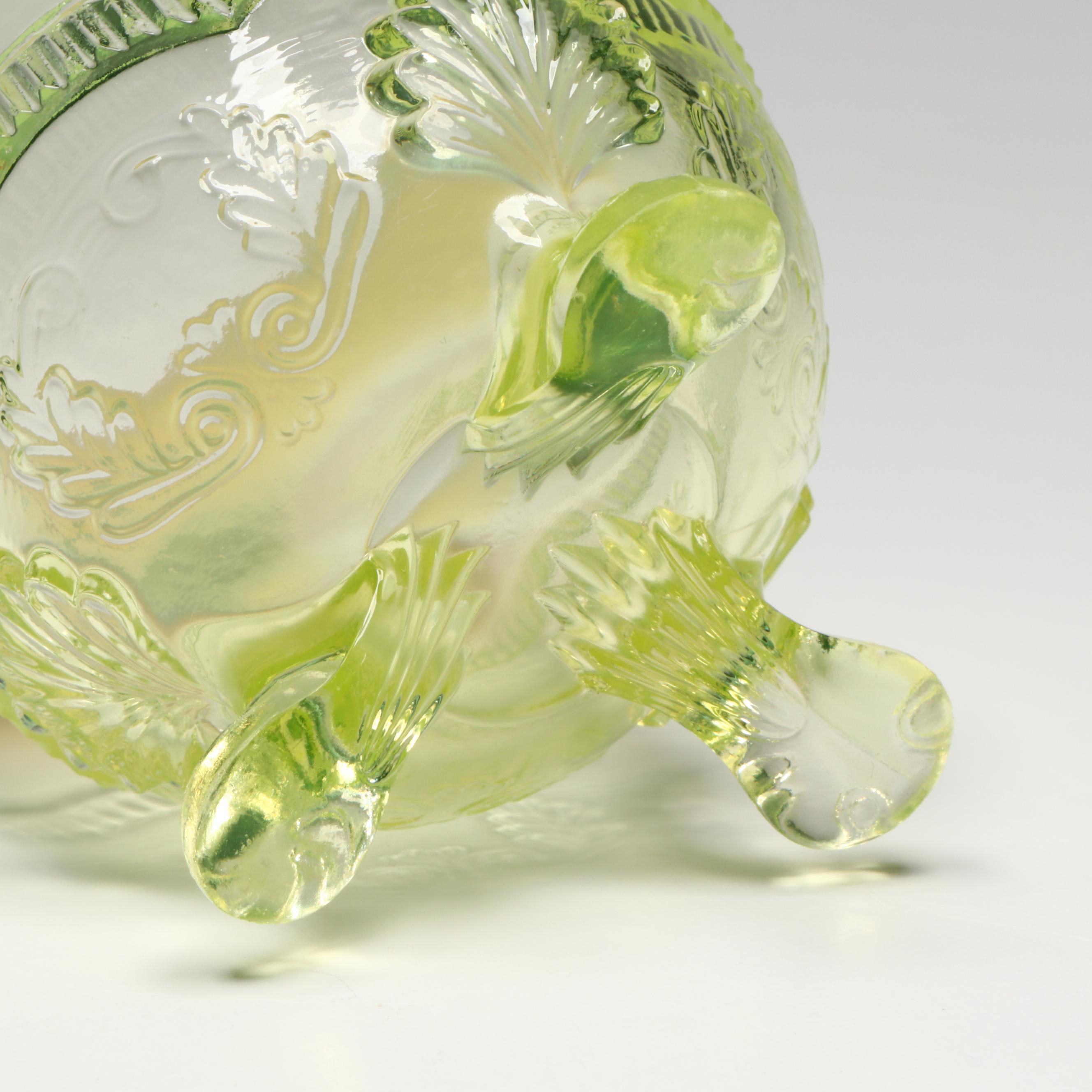 Northwood Vaseline Glass Ruffled Compote with Other Opalescent Glass, 20th C.