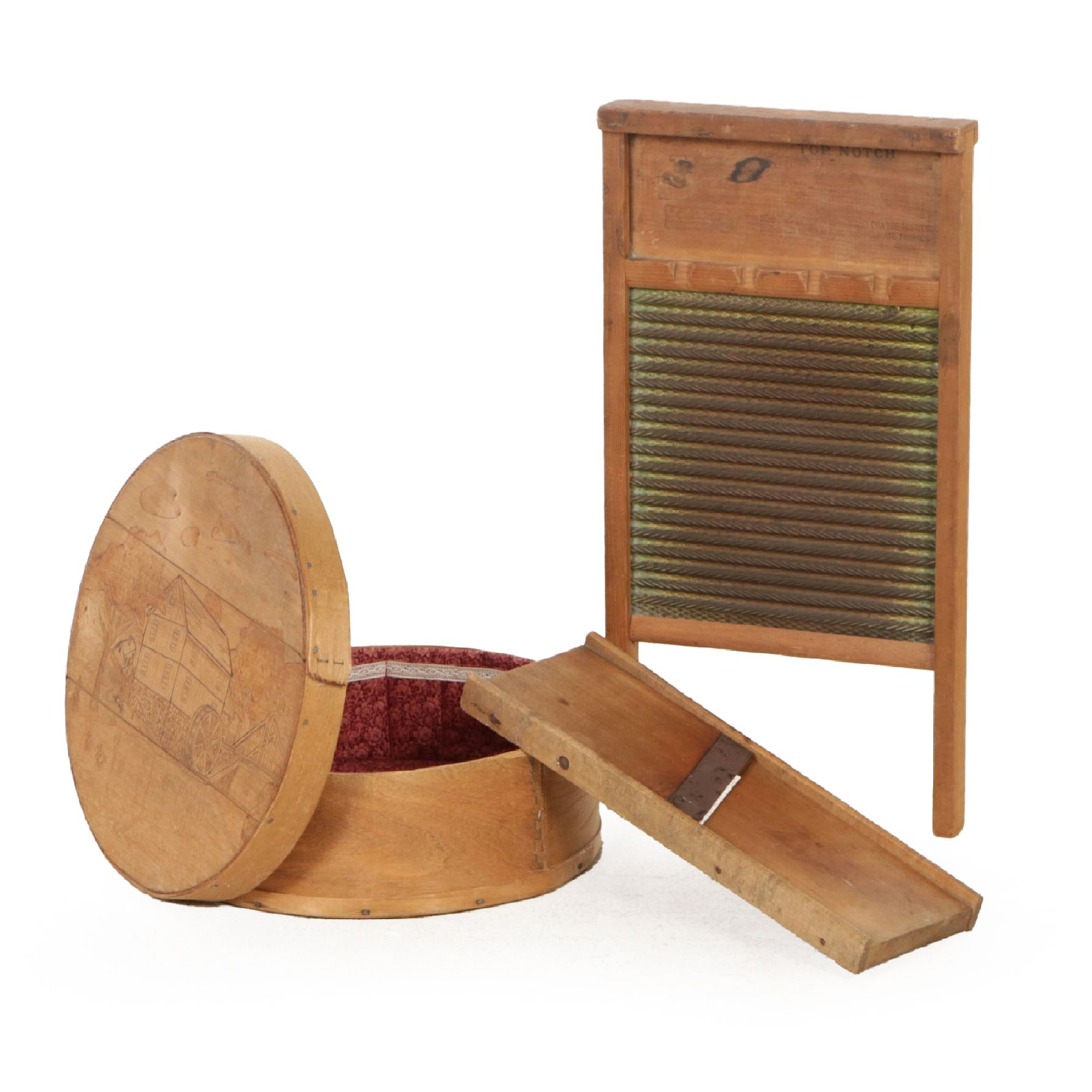 Vintage Washboard, Kitchen Mandolin & Cheese Box