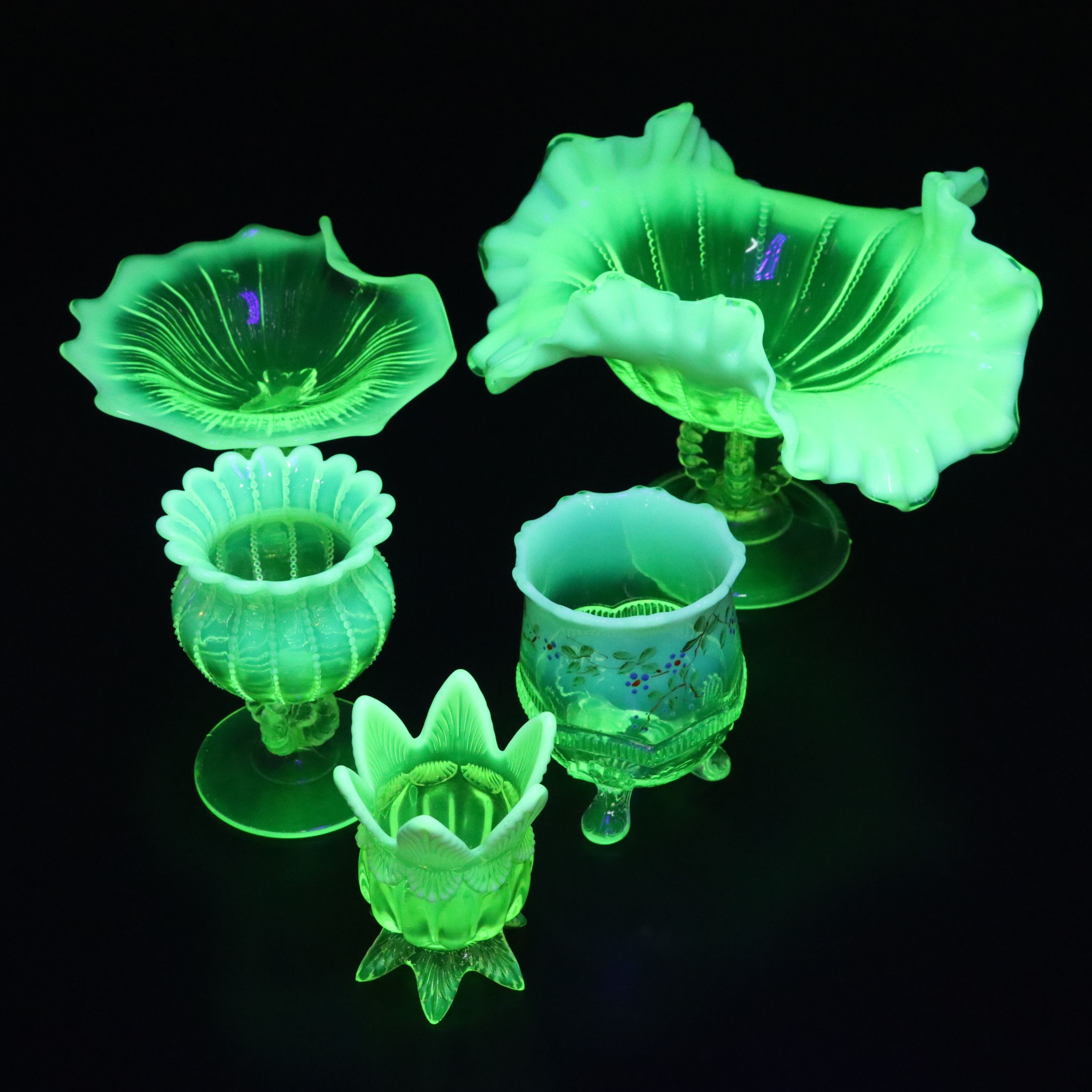 Northwood Vaseline Glass Ruffled Compote with Other Opalescent Glass, 20th C.