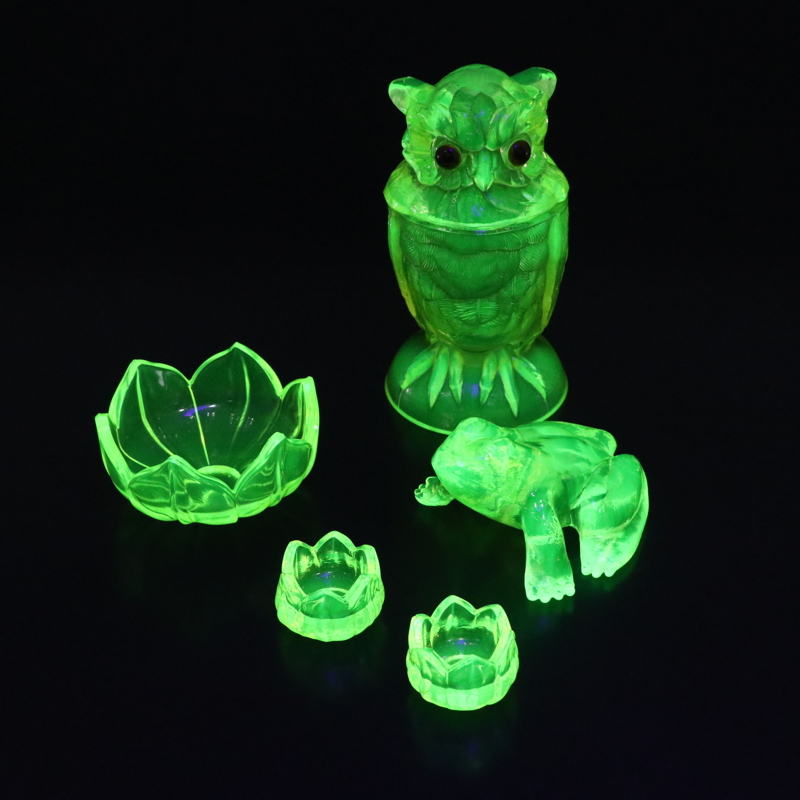 Imperial Uranium Glass Owl Candy Dish with Frog Figurine and More