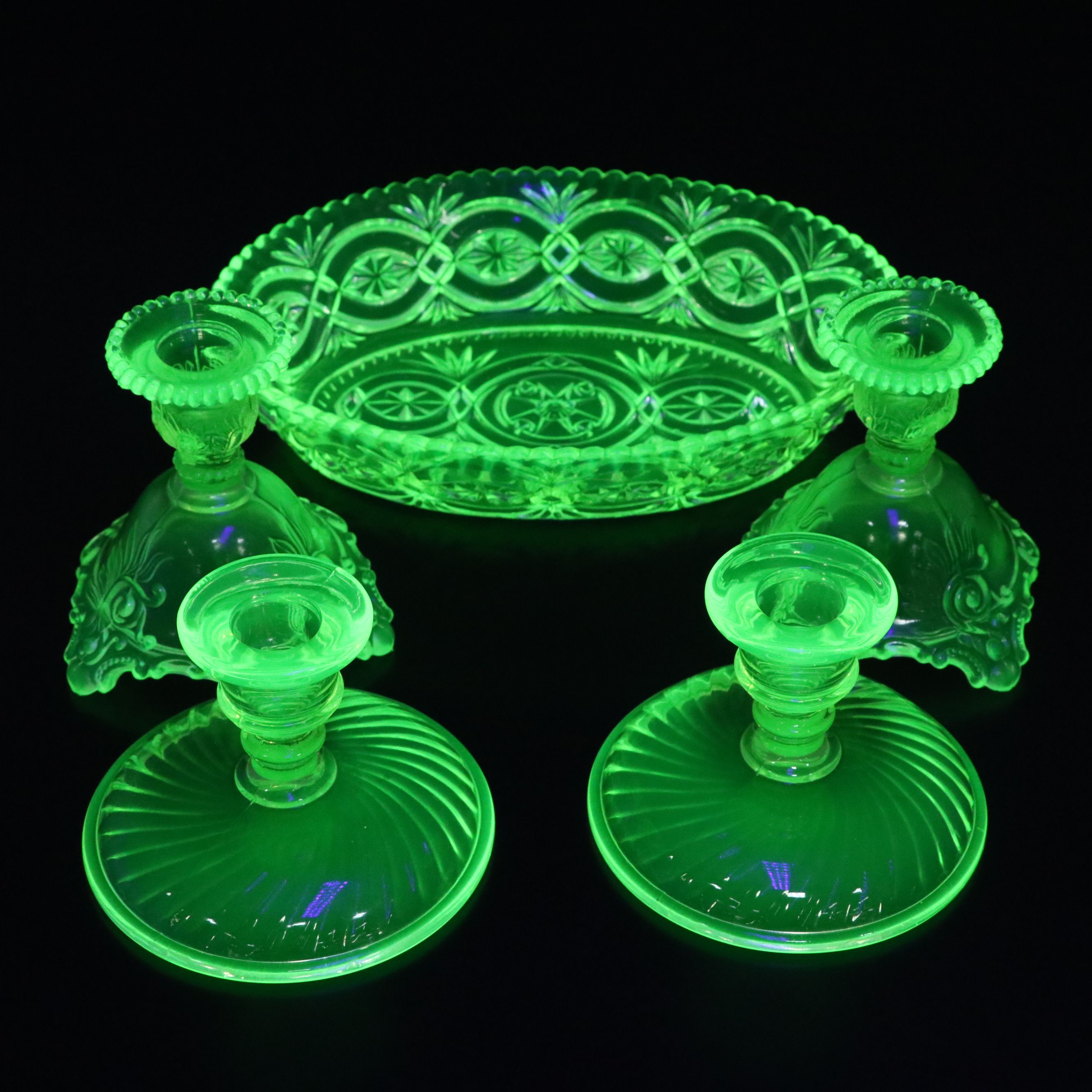 Westmoreland Uranium Glass Candle Holders with Cut Glass Dish and More