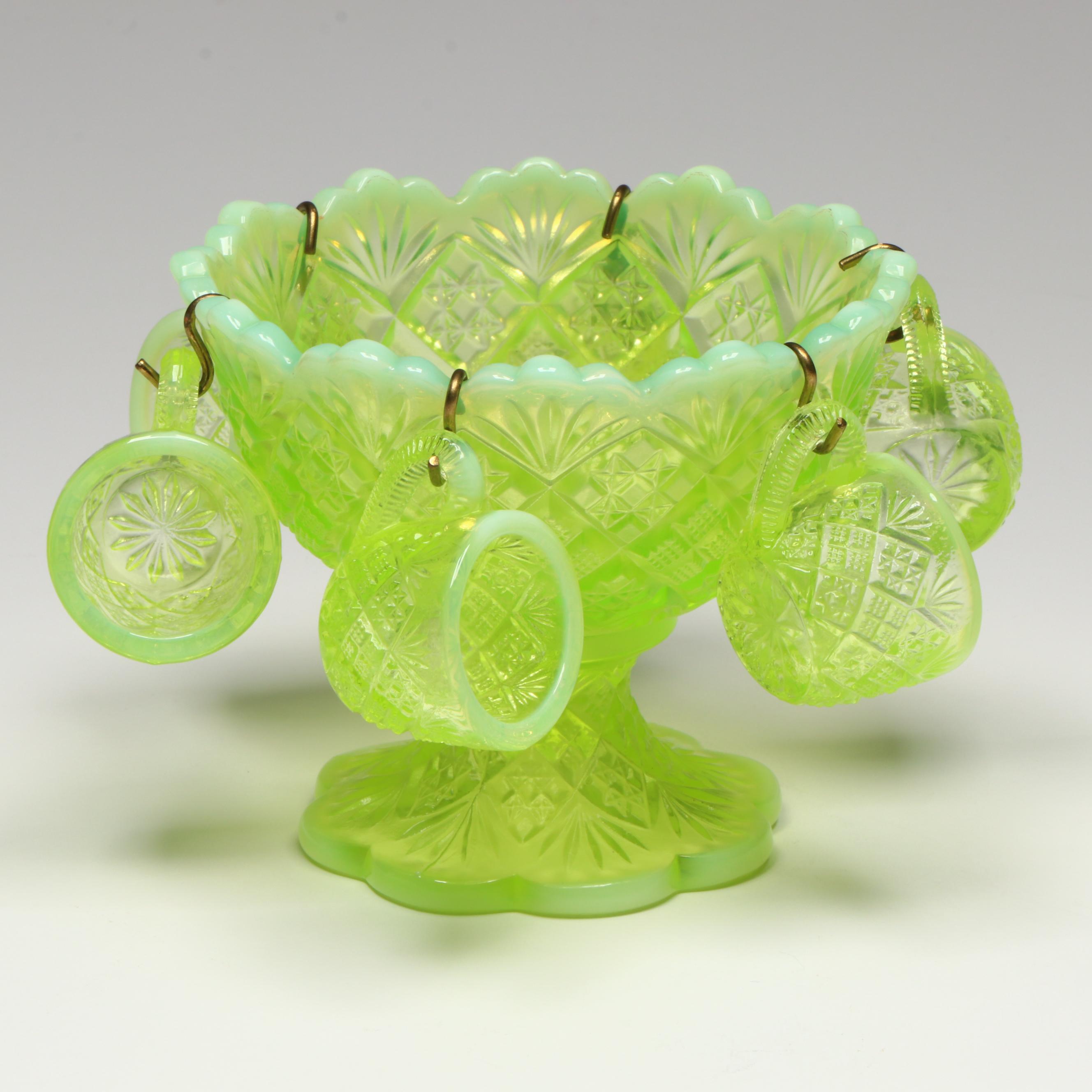 Vintage Opalescent Uranium Glass Fan File Miniature Punch Bowl and Cups