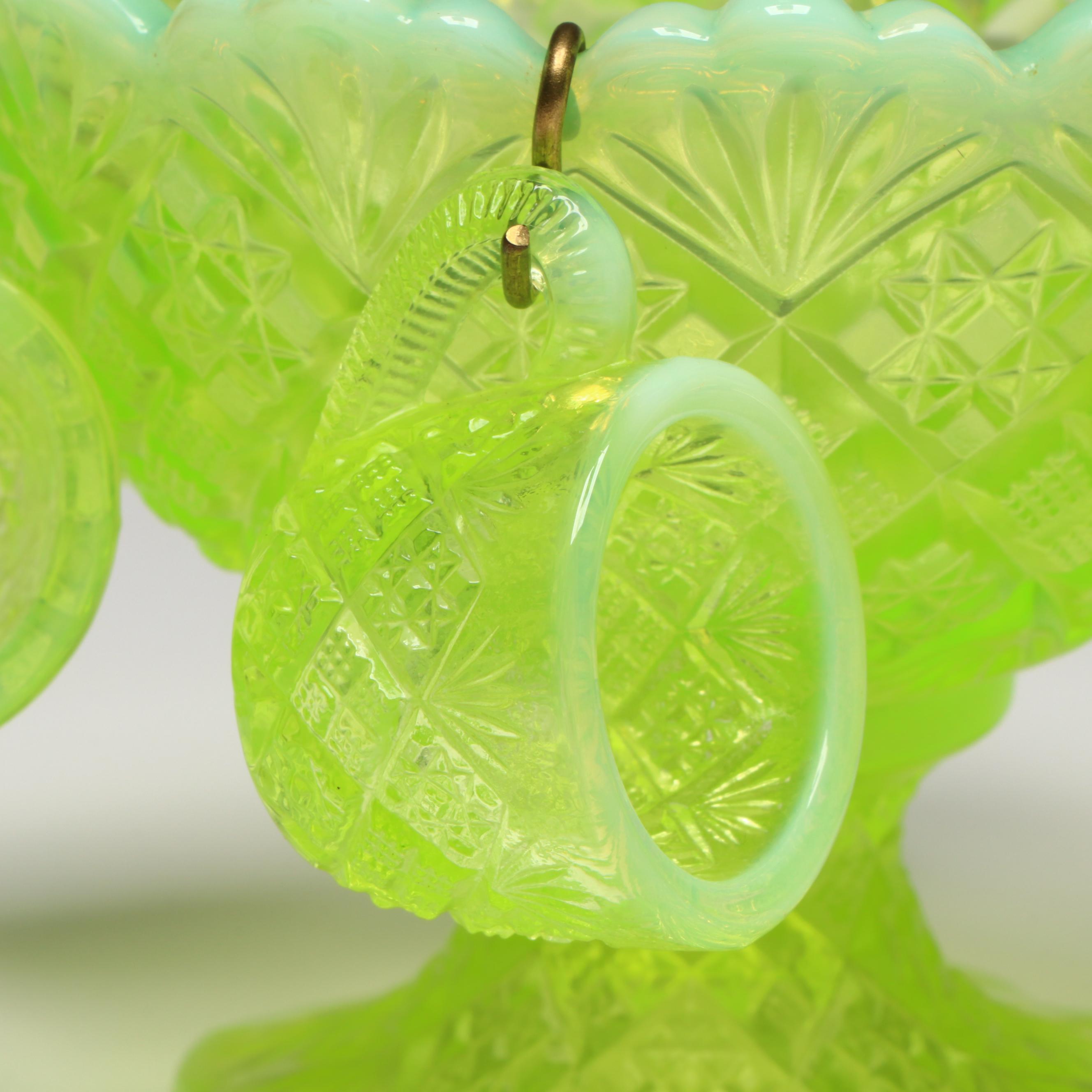 Vintage Opalescent Uranium Glass Fan File Miniature Punch Bowl and Cups